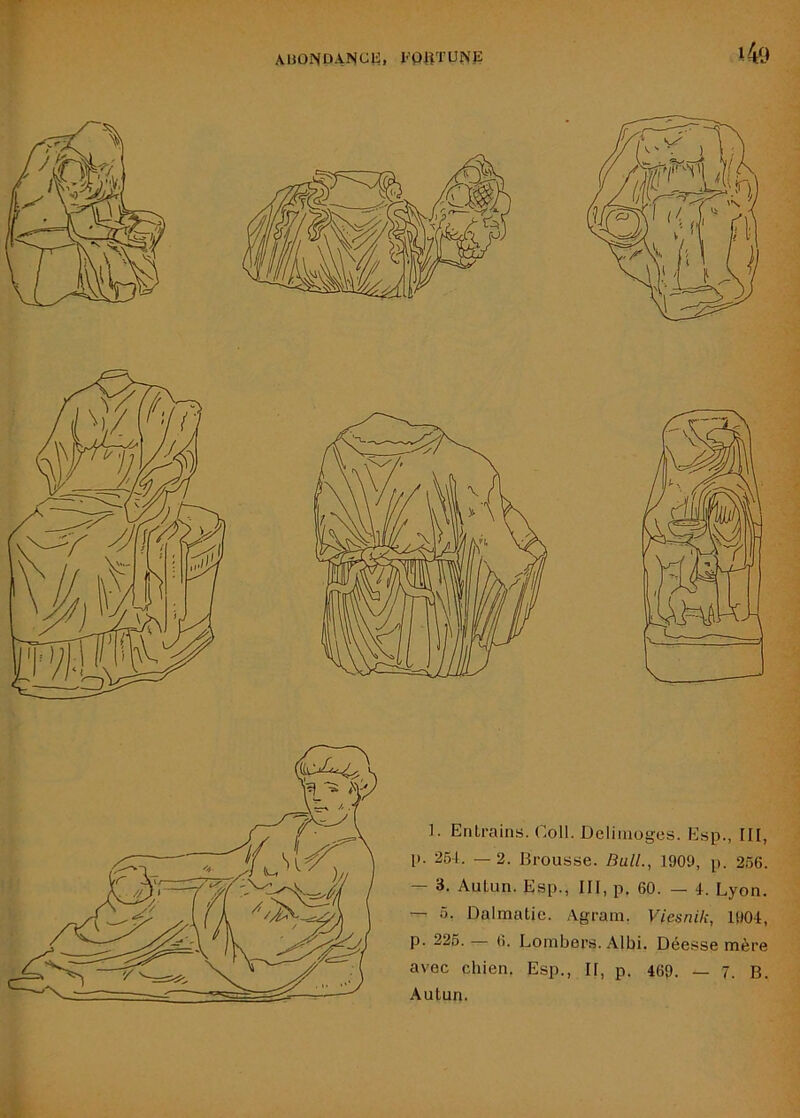 T , s. 1. Entrains. Coll. Delimoges. Esp., III, p. 254. — 2. Brousse. Bull., 1909, p. 256. — 3. AuLun. Esp., III, p. 60. — 4. Lyon. — 5. Dalmatie. Agram. Viesnik, 1904, p. 226. — 6. Loinbers. Albi. Déesse mère avec chien. Esp., II, p. 469. — 7. B. Autun. A