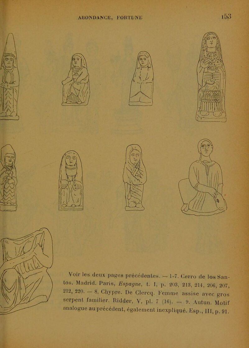 '1 Voir les deux pages précédenles. — 1-7. (deiru de los San- los. Madrid. Paris, Espagne, l. 1, p. 203, 213, 214, 206, 207, 212, 220. — 8, Chypre. De Clercq. Femme assise avec gros serpent familier. Ridder, V, pl, 7 (16). !). Autun. Motif analogue au précédent, également inexpliqué. Esp., III, p. 9i.