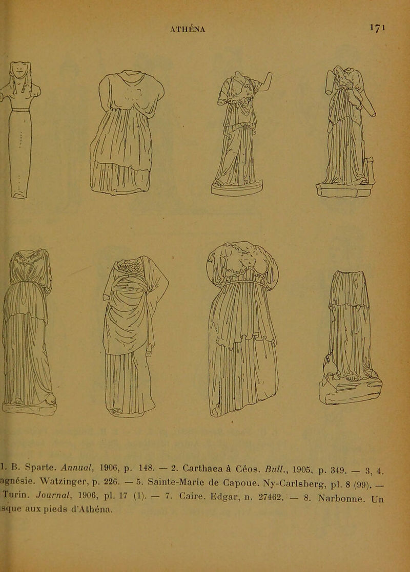 ATHlIlNA 1. Fi. Sparte. Annuul, 190G, p. 148. — 2. Carthaea à Céos. Bull., 1905, p. 349. — 3, 4. ngnésie. Watzinger, p. 226. — 5. Sainte-Marie de Capoue. Ny-Carlsberg, pl. 8 (99). — Turin. Journal, 1906, pl. 17 (1). — 7. Caire. Edgar, n. 27462. — 8. Narbonne. Un sque aux pieds d’Athéna.