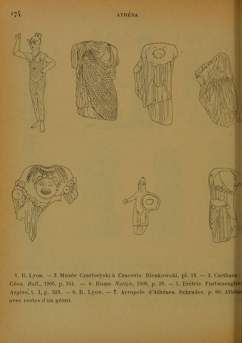 Céos. DuU,, 1905, p. 344. — 4. Rome. Nolizie, 1909, p. 39. — 5. Erétrie. Furtwaengleri Aeyina] l. I, p. 323. — 6. B. Lyon. — 7. Acropole d’Athènes. Schrader, p. GO. .Mliénu avec restes d’un géant. | ' t