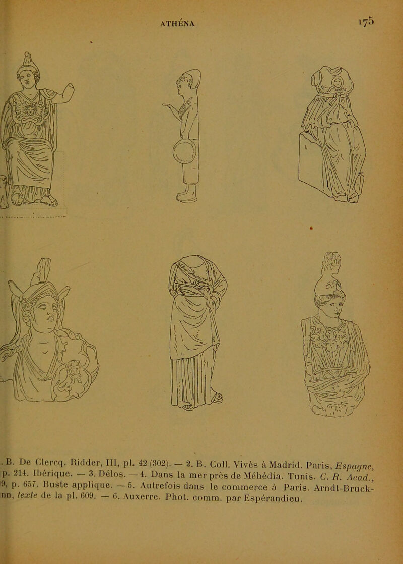 p. 214. lliérique. — 3. Délos. — 4. Dans la mer près de Méhédia. Tunis. C. /?. Acad., 9, p. 6o7. Buste applique. —6. Autrefois dans le commerce à Paris. Arndt-Bruck- nn, lexie de la pl. (>09. — (J. .Auxerre. Phot. comm. par Espérandieu.