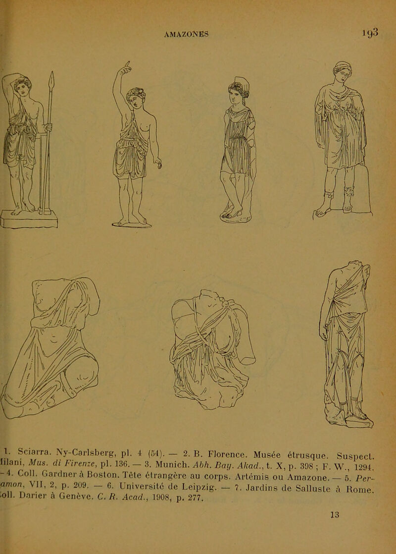 Iilani, Mus. di Firenze, pl. 136. — 3. Munich. Abh. Bay. Akad., t. X, p. 398 ; F. W., 1294. -4. Coll. Gardner à Boston. Tête étrangère au corps. Artémis ou Amazone. — 5. Per- aman, Vil, 2, p. 209. — 6. Université de Leipzig. — 7. Jardins de Salluste à Rome •oll. Darier à Genève. C. B. Acad., 1908, p. 277. 13