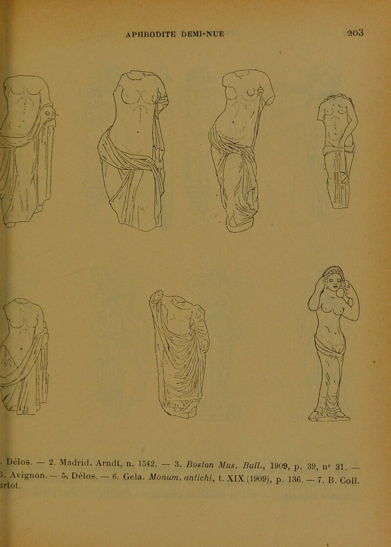 • Delos. 2. Madrid. Arndt, n. 1542. — .S. Boston Mus. Bail,, 1909, p. 3!), n» 31. 5. Avignon. — 5v Délos. — (5. Gela. Monum. anlichi, l. XIX (1909), p. 1.36. — 7. B. Coll.