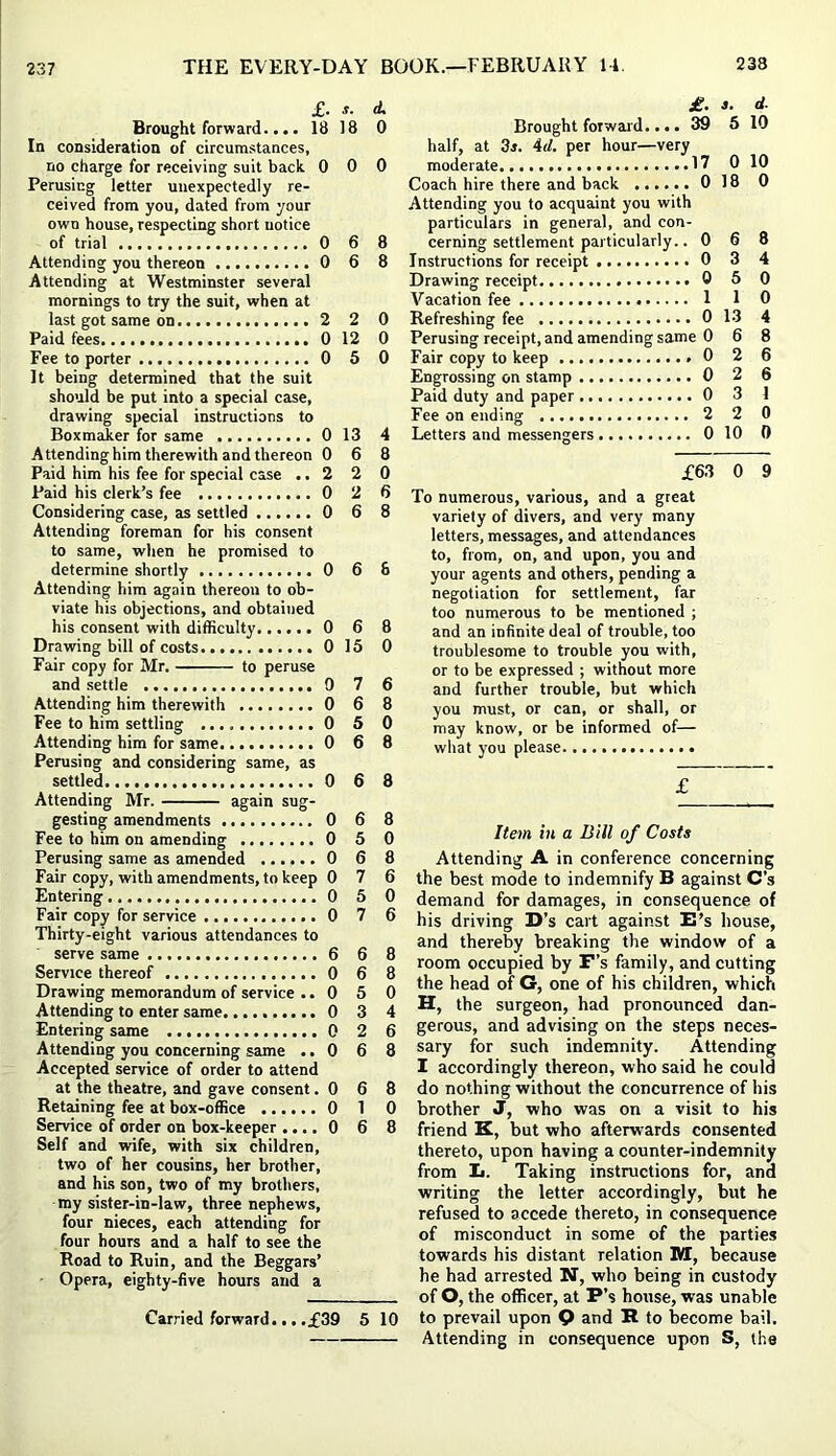 £. A Brought forward.... 18 18 0 In consideration of circumstances, no charge for receiving suit back 0 0 0 Perusing letter unexpectedly re- ceived from you, dated from your own house, respecting short notice of trial 0 6 8 Attending you thereon 0 6 8 Attending at Westminster several mornings to try the suit, when at last got same on 2 2 0 Paid fees 0 12 0 Fee to porter 0 5 0 It being determined that the suit should be put into a special case, drawing special instructions to Boxmaker for same 0 13 4 Attending him therewith and thereon 0 6 8 Paid him his fee for special case .. 2 2 0 Paid his clerk’s fee 0 2 6 Considering case, as settled 0 6 8 Attending foreman for his consent to same, when he promised to determine shortly .0 6 8 Attending him again thereon to ob- viate his objections, and obtained his consent with difficulty 0 6 8 Drawing bill of costs 0 15 0 Fair copy for Mr. to peruse and settle 0 7 6 Attending him therewith 0 6 8 Fee to him settling 0 5 0 Attending him for same 0 6 8 Perusing and considering same, as settled 0 6 8 Attending Mr. again sug- gesting amendments 0 6 8 Fee to him on amending 0 5 0 Perusing same as amended 0 6 8 Fair copy, with amendments, to keep 0 7 6 Entering 0 5 0 Fair copy for service 0 7 6 Thirty-eight various attendances to serve same 6 6 8 Service thereof 0 6 8 Drawing memorandum of service .. 0 5 0 Attending to enter same 0 3 4 Entering same 0 2 6 Attending you concerning same .. 0 6 8 Accepted service of order to attend at the theatre, and gave consent .068 Retaining fee at box-office 0 1 0 Service of order on box-keeper .... 0 6 8 Self and wife, with six children, two of her cousins, her brother, and his son, two of my brothers, my sister-in-law, three nephews, four nieces, each attending for four hours and a half to see the Road to Ruin, and the Beggars’ Opera, eighty-five hours and a Carried forward... .£39 5 10 £. ». d. Brought forward.... 39 6 10 half, at 3j. Ad. per hour—very moderate 17 0 10 Coach hire there and back 0 18 0 Attending you to acquaint you with particulars in general, and con- cerning settlement particularly.. 0 6 8 Instructions for receipt 0 3 4 Drawing receipt 0 5 0 Vacation fee 1 1 0 Refreshing fee 0 13 4 Perusing receipt, and amending same 0 6 8 Fair copy to keep 0 2 6 Engrossing on stamp ...0 2 6 Paid duty and paper 0 3 1 Fee on ending 2 2 0 Letters and messengers 0 10 0 £63 0 9 To numerous, various, and a great variety of divers, and very many letters, messages, and attendances to, from, on, and upon, you and your agents and others, pending a negotiation for settlement, far too numerous to be mentioned ; and an infinite deal of trouble, too troublesome to trouble you with, or to be expressed ; without more and further trouble, but which you must, or can, or shall, or may know, or be informed of— what you please Item in a Bill of Costs Attending A in conference concerning the best mode to indemnify B against C’s demand for damages, in consequence of his driving D’s cart against E’s house, and thereby breaking the window of a room occupied by F’s family, and cutting the head of G, one of his children, which H, the surgeon, had pronounced dan- gerous, and advising on the steps neces- sary for such indemnity. Attending I accordingly thereon, who said he could do nothing without the concurrence of his brother J, who was on a visit to his friend K, but who afterwards consented thereto, upon having a counter-indemnity from Ii. Taking instructions for, and writing the letter accordingly, but he refused to accede thereto, in consequence of misconduct in some of the parties towards his distant relation M, because he had arrested N, who being in custody of O, the officer, at P’s house, was unable to prevail upon Q and R to become bail. Attending in consequence upon S, the
