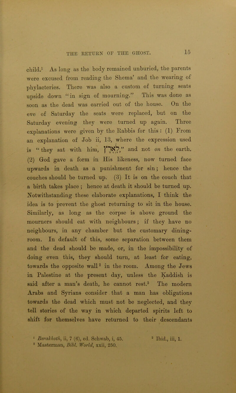 THE RETURN OF THE GHOST. child.1 As long as the bod}’- remained unburied, the parents were excused from reading the Sherna’ and the wearing of phylacteries. There was also a custom of turning seats upside down “ in sign of mourning.” This was done as soon as the dead was carried out of the house. On the eve of Saturday the seats were replaced, but on the Saturday evening they were turned up again. Three explanations were given by the Rabbis for this : (1) From an explanation of Job ii, 13, where the expression used is “ they sat with him, and not on the earth. (2) God gave a form in His likeness, now turned face upwards in death as a punishment for sin; hence the couches should be turned up. (3) It is on the couch that a birth takes place ; hence at death it should be turned up. Notwithstanding these elaborate explanations, I think the idea is to prevent the ghost returning to sit in the house. Similarly, as long as the corpse is above ground the mourners should eat with neighbours; if they have no neighbours, in any chamber but the customary dining- room. In default of this, some separation between them and the dead should be made, or, in the impossibility of doing even this, they should turn, at least for eating, towards the opposite wall2 in the room. Among the Jews in Palestine at the present day, unless the Kaddish is said after a man’s death, he cannot rest.3 The modern Arabs and Syrians consider that a man has obligations towards the dead which must not be neglected, and they tell stories of the way in which departed spirits left to shift for themselves have returned to their descendants 1 Berakhoth, ii, 7 (6), eel, Schwab, i, 45. 2 Ibid., iii, 1. 3 Masterman, Bibl. World, xxii, 250.
