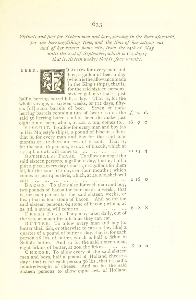 Victuals and fuel for Sixteen men and boys, serving in the Buss aforesaid, for the herring-fishing time, and the time of her setting out and of her return home, viz., from the 2/^th of May until the 2\st of September, which is 112 days; that is, sixteen weeks; that is,fotir months. O ALLOW for every man and boy, a gallon of beer a day (which is the allowance made in the King’s ships), that is, for the said sixteen persons, sixteen gallons : that is, just half a herring barrel full, a day. That is, for the whole voyage, or sixteen weeks, or ii2 days, fifty- six [of] such barrels of beer. Seven of these herring barrels contain a tun of beer : so as the said 56 herring barrels full of beer do make just eight tun of beer, which, at 40s. a tun, comes to... Biscuit. To allow for every man and boy (as in His Majesty’s ships), a pound of biscuit a day; that is, for every man and boy for the said four months or 112 days, an cwt. of biscuit. That is, for the said 16 persons, 16 cwt. of biscuit, which at 13s. 4d. a cwt. will come to Oatmeal or Pease. To allow, amongst the said sixteen persons, a gallon a day, that is, half a pint a piece, every day: that is, 112 gallons for them all, for the said 112 days or four months ; which comes to just 14 bushels, which, at 4s. a bushel, will cost Bacon. To allo w also for each man and boy, two pounds of bacon for four meals a week ; that is, for each person for the said sixteen weeks, 32 lbs. ; that is four stone of bacon. And so for the said sixteen persons, 64 stone of bacon ; which, at 2s. 2d. a stone, will come to Fresh P' i s h . They may take, daily, out of the sea, as much fresh fish as they can eat. Butter. To allow every man and boy (to butter their fish, or otherwise to eat, as they like) a quarter of a pound of butter a day, that is, for each person 28 lbs. of butter, which is half a firkin of Suffolk butter. And so for the said sixteen men, eight firkins of butter, at 20s. the firkin... ... ••• Cheese. To allow every of the said sixteen men and boys, half a pound of Holland cheese a day ; that is, for each person 56 lbs., that is, half a hundredweight of cheese. And so for the said sixteen persons to allow eight cwt. of Holland beer, I s. d. 16 9 o 10 13 4 2160 6 18 8 800