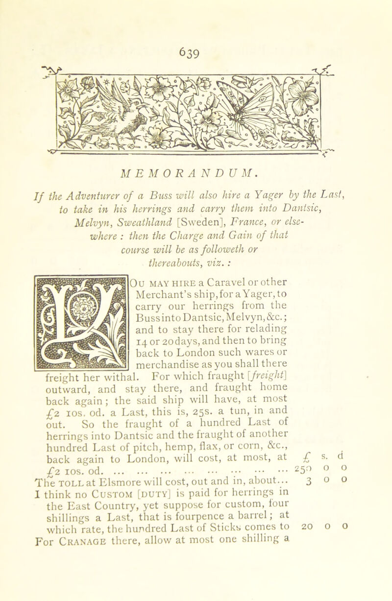 MEMORANDUM. If the Adventurer of a Buss will also hire a Yager by the Last, to take in his herrings and carry them into Dantsic, Melvyn, Sweathland [Sweden], France, or else- where : then the Charge and Gain of that course will be as followeth or thereabouts, viz. : Ou MAY HIRE a Caravel or other Merchant’s ship.for aYager,to carry our herrings from the BussintoDantsic,Melvyn,&c.; and to stay there for relading 14 or 2odays, and then to bring back to London such wares or merchandise as you shall there freight her withal. For which fraught [freight] outward, and stay there, and fraught home back again; the said ship will have, at most £2 los, od. a Last, this is, 25s. a tun, in and out. So the fraught of a hundred Last of herrings into Dantsic and the fraught of another hundred Last of pitch, hemp, flax, or corn, &c., back again to London, will cost, at most, at £2 los. od The TOLL at Elsmore will cost, out and in, about. .. 1 think no Custom [duty] is paid for herrings in the East Country, yet suppose for custom, lour shillings a Last, that is fourpence a barrel; at which rate, the hundred Last of Sticks comes to For Cranage there, allow at most one shilling a £ 250 3 20 s. d o o o o o o