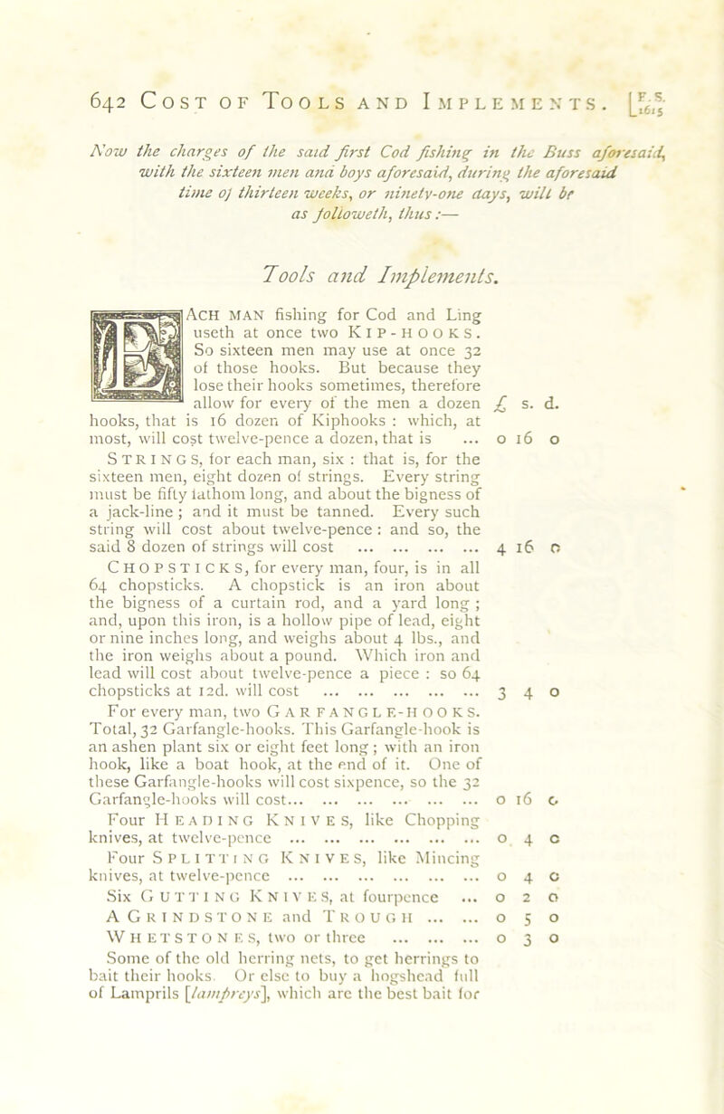 Now the charges of the said first Cod fishing in the Buss aforesaid^ with the sixteen men and boys aforesaid, during the aforesaid time o] thirteen weeks, or ninetv-one clays, will be as Jolioweth, thus:— Tools and Implements. Ach man fishing for Cod and Ling useth at once two Kip-hooks. So sixteen men may use at once 32 of those hooks. But because they lose their hooks sometimes, therefore allow for eveiy of the men a dozen f s. d. hooks, that is 16 dozen of Kiphooks : which, at most, will cost twelve-pence a dozen, that is ... o 16 o Strings, for each man, six : that is, for the sixteen men, eight dozen of strings. Every string must be fifty fathom long, and about the bigness of a jack-line ; and it must be tanned. Every such string will cost about twelve-pence : and so, the said 8 dozen of strings will cost 416 O Chopsticks, for every man, four, is in all 64 chopsticks. A chopstick is an iron about the bigness of a curtain rod, and a yard long ; and, upon this iron, is a hollow pipe of lead, eight or nine inches long, and weighs about 4 lbs., and the iron weighs about a pound. Which iron and lead will cost about twelve-pence a piece : so 64 chopsticks at led. will cost 3 4 o For every man, two Gar FANGLF.-H OOKS. Total, 32 Garfangle-hooks. This Garfangle-hook is an ashen plant six or eight feet long ; with an iron hook, like a boat hook, at the end of it. One of these Garfangle-hooks will cost sixpence, so the 32 Garfangle-hooks will cost o 16 o Four Heading Knives, like Chopping knives, at twelve-pence 0 4 c Four Splitting K n i v e s, like Mincing knives, at twelve-pence 040 Six G U T I'I N G K n 1 V E S, at fourpence ...020 A Grindstone and Trough 050 W H ET S T O N E s, two or three o 3 o Some of the old herring nets, to get herrings to bait their hooks. Or else to buy a hogshead full of Lamprils [^tamfreys^ which arc the best bait for