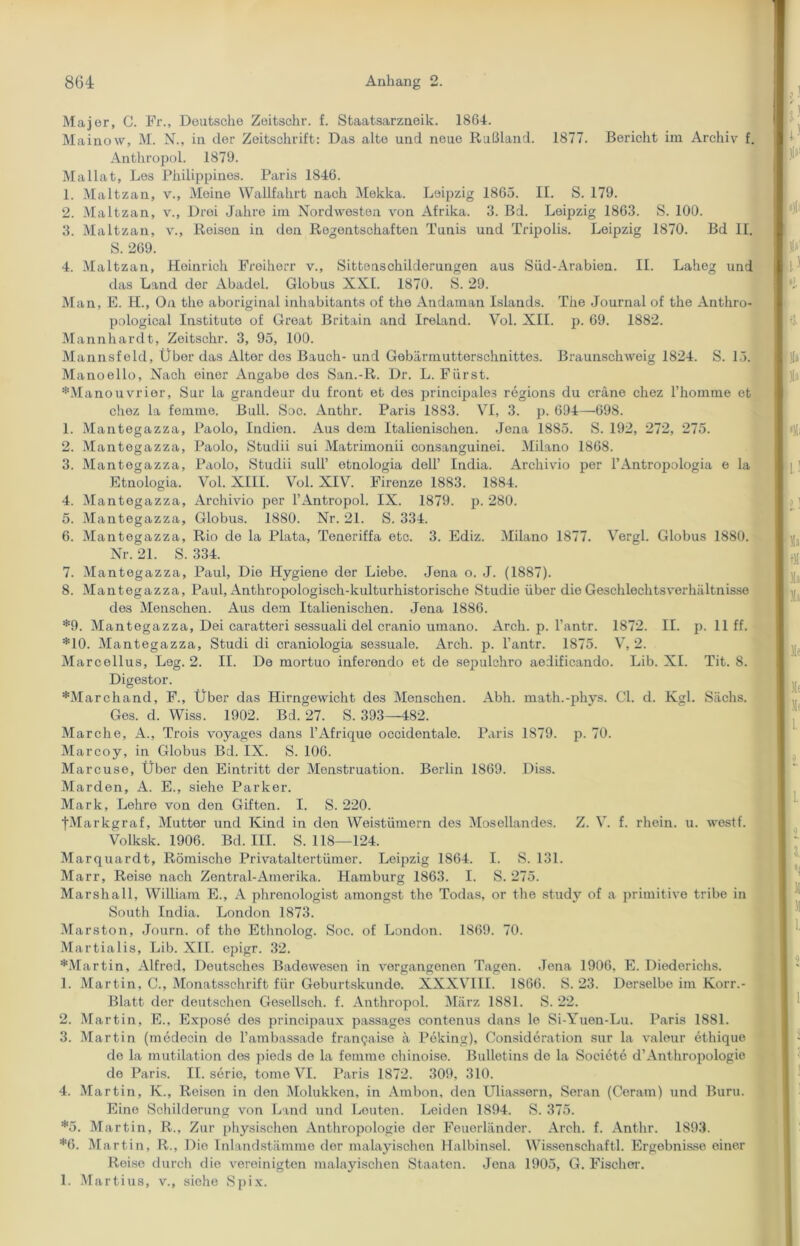 Majer, C. Fr., Deutsche Zeitschr. f. Staatsarzneik. 1864. Mainow, M. N., in cler Zeitschrift: Das alte und neue Rußland. 1877. Bericht im Archiv f. Anthropol. 1879. Mal lat, Les Philippines. Paris 1846. 1. Maltzan, v., Meine Wallfahrt nach Mekka. Leipzig 1865. II. S. 179. 2. Maltzan, v., Drei Jahre im Nordvvesten von Afrika. 3. Bd. Leipzig 1863. S. 100. 3. Maltzan, v., Reisen in den Regentschaften Tunis und Tripolis. Leipzig 1870. Bd II. S. 269. 4. Maltzan, Heinrich Freiherr v., Sittenschilderungen aus Süd-Arabien. II. Laheg und das Land der Abadel. Globus XXL 1870. S. 29. Man, E. II., On the aboriginal inhabitants of the Andaman Islands. The Journal of the Anthro- pological Institute of Great Britain and IreLand. Vol. XII. p. 69. 1882. Mannhardt, Zeitschr. 3, 95, 100. Mannsfeld, (jbor das Alter des Bauch- und Gebärmutterschnittes. Braunschweig 1824. S. 15. Manoello, Nach einer Angabe des San.-R. Dr. L. Fürst. *Manouvrier, Sur la grandeur du front et des principales regions du cräne chez Thomme et cliez la femme. Bull. Soc. Anthr. Paris 1883. VI, 3. p. 694—698. 1. Mantegazza, Paolo, Indien. Aus dom Italienischen. Jena 1885. S. 192, 272, 275. 2. Mantegazza, Paolo, Studii sui Matrimonii consanguinei. Milano 1868. 3. Mantegazza, Paolo, Studii sull’ otnologia dell’ India. Archivio per l’Antropologia e la Etnologia. Vol. XIII. Vol. XIV. Firenze 1883. 1884. 4. Mantegazza, Archivio per l’Antropol. IX. 1879. p. 280. 5. Mantegazza, Globus. 1880. Nr. 21. S. 334. 6. Mantegazza, Rio de la Plata, Teneriffa etc. 3. Ediz. Milano 1877. Vergl. Globus 1880. Nr. 21. S. 334. 7. Mantegazza, Paul, Die Hygiene der Liebe. Jena o. J. (1887). 8. Mantegazza, Paul, Anthropologisch-kulturhistorische Studie über die Geschlechtsverhältnisse des Menschen. Aus dem Italienischen. Jena 1886. *9. Mantegazza, Dei caratteri sessuali del cranio umano. Arch. p. l’antr. 1872. II. p. 11 ff. *10. Mantegazza, Studi di craniologia sessuale. Arch. p. l’antr. 1875. V, 2. Marcellus, Leg. 2. II. De mortuo inferendo et de sepulchro aedificando. Lib. XI. Tit. 8. Digestor. *Marchand, F., Über das Hirngewicht des Menschen. Abh. math.-phys. CI. d. Kgl. Sachs. Ges. d. Wiss. 1902. Bd. 27. S. 393—482. Marche, A., Trois voyages dans l’Afrique occidentale. Paris 1879. p. 70. Marcoy, in Globus Bd. IX. S. 106. Marcuse, Über den Eintritt der Menstruation. Berlin 1869. Diss. Marden, A. E., siehe Parker. Mark, Lehre von den Giften. I. S. 220. fMarkgraf, Mutter und Kind in den Weistümern des Mosellandes. Z. V. f. rhein. u. westf. Volksk. 1906. Bd. III. S. 118—124. Marquardt, Römische Privataltcrtümer. Leipzig 1864. I. S. 131. Marr, Reise nach Zentral-Amerika. Hamburg 1863. I. S. 275. Marshall, William E., A phrenologist amongst the Todas, or the study of a primitive tribe in South India. London 1873. Marston, Journ. of tho Ethnolog. Soc. of London. 1869. 70. Martialis, Lib. XII. epigr. 32. *Martin, Alfred, Deutsches Badewesen in vergangenen Tagen. Jena 1906, E. Diederichs. 1. Martin, C., Monatsschrift für Geburtskundo. XXXVIII. 1866. S. 23. Derselbe im Korr.- Blatt der deutschen Gesellsch. f. Anthropol. März 1881. S. 22. 2. Martin, E., Expose des principaux passages contenus dans le Si-Yuen-Lu. Paris 1881. 3. Martin (medecin de l’ambassade fran<yaise ä Peking), Consideration sur la valeur ethique de la mutilation dos pieds de la femme chinoise. Bulletins de la Societe d’Anthropologie de Paris. II. Serie, tomo VI. Paris 1872. 309, 310. 4. Martin, K., Reisen in den Molukken, in Ambon, den Uliassern, Seran (Ceram) und Buru. Eine Schilderung von Land und Leuten. Leiden 1894. S. 375. *5. Martin, R., Zur physischen Anthropologie der Feuerländer. Arch. f. Anthr. 1893. *6. Martin, R., Die Inlandstämme der malayischen Halbinsel. Wissenschaftl. Ergebnisse einer Reise durch die vereinigten malayischen Staaten. Jona 1905, G. Fischer. 1. Martius, v., siehe Spix.