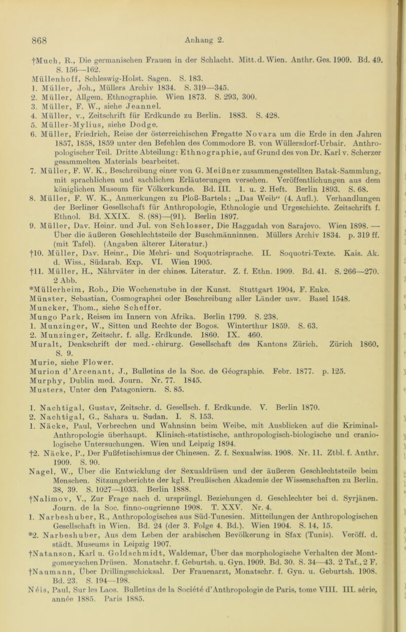 fMuch, R., Die germanischen Frauen in der Schlacht. Mitt.d. Wien. Anthr. Ges. 1909. Bd. 49. S. 156—162. Müllenhoff, Schlesvvig-Holst. Sagen. S. 183. 1. Müller, Joh., Müllers Archiv 1834. S. 319—345. 2. Müller, Allgem. Ethnographie. Wien 1873. S. 293, 300. 3. Müller, F. W., siehe Jeannel. 4. Müller, v., Zeitschrift für Erdkunde zu Berlin. 1883. S. 428. 5. Miiller-Mylius, siehe Dodge. 6. Müller, Friedrich, Reise der österreichischen Fregatte Novara um die Erde in den Jahren 1857, 1858, 1859 unter den Befehlen des Commodore B. von Wüllersdorf-Urbair. Anthro- pologischer Teil. Dritte Abteilung: Ethnographie, auf Grund des von Dr. Karl v. Scherzer gesammelten Materials bearbeitet. 7. Müller, F. W. K., Beschreibung einer von G. Meißner zusammengestellten Batak-Sammlung, mit sprachlichen und sachlichen Erläuterungen versehen. Veröffentlichungen aus dem königlichen Museum für Völkerkunde. Bd. III. 1. u. 2. Heft. Berlin 1893. S. 68. 8. Müllor, F. W. K., Anmerkungen zu Ploß-Bartels: „Das Weib“ (4. Aufl.). Verhandlungen der Berliner Gesellschaft für Anthropologie, Ethnologie und Urgeschichte. Zeitschrift f. Ethnol. Bd. XXIX. S. (88)—(91). Berlin 1897. 9. Müller, Dav. Heinr. und Jul. von Schlosser, Die Haggadah von Sarajevo. Wien 1898. —- Übor die äußeren Geschlechtsteile der Buschmänninnen. Müllers Archiv 1834. p. 319 ff. (mit Tafel). (Angaben älterer Literatur.) flO. Müller, Dav. Heinr., Die Mehri- und Soquotrisprache. II. Soquotri-Texte. Kais. Ak. d. Wiss., Südarab. Exp. VI. Wien 1905. jTl. Müller, H., Nährväter in der chines. Literatur. Z. f. Ethn. 1909. Bd. 41. S. 266—270. 2 Abb. *Müllerheim, Rob., Die Wochenstube in der Kunst. Stuttgart 1904, F. Enke. Münster, Sebastian, Cosmographei oder Beschreibung aller Länder usw. Basel 1548. Muncker, Thom., siehe Scheffer. Mungo Park, Reisen im Innern von Afrika. Berlin 1799. S. 238. 1. Munzinger, W., Sitten und Rechte der Bogos. Winterthur 1859. S. 63. 2. Munzinger, Zeitschr. f. allg. Erdkunde. 1860. IX. 460. Muralt, Denkschrift der med. - chirurg. Gesellschaft des Kantons Zürich. Zürich 1860. S. 9. Murie, siehe Flower. Murion d’Arcenant, J., Bulletins de la Soc. de Geographie. Febr. 1877. p. 125. Murphy, Dublin med. Journ. Nr. 77. 1845. Musters, Unter den Patagoniern. S. 85. 1. Nachtigal, Gustav, Zeitschr. d. Gesellsch. f. Erdkunde. V. Berlin 1870. 2. Nachtigal, G., Sahara u. Sudan. I. S. 153. 1. Näcke, Paul, Verbrechen und Wahnsinn beim Weibe, mit Ausblicken auf die Kriminal- Anthropologie überhaupt. Klinisch-statistische, anthropologisch-biologische und cranio- logische Untersuchungen. Wien und Leipzig 1894. j*2. Näcke, P., Der Fußfetischismus der Chinesen. Z. f. Sexualwiss. 1908. Nr. 11. Ztbl. f. Anthr. 1909. S. 90. Nagel, W., Über die Entwicklung der Sexualdrüsen und der äußeren Geschlechtsteile beim Menschen. Sitzungsberichte der kgl. Preußischen Akademie der Wissenschaften zu Berlin. 38, 39. S. 1027—1033. Berlin 1888. fNalimov, V., Zur Frage nach d. ursprüngl. Beziehungen d. Geschlechter bei d. Syrjänen. Journ. de la Soc. finno-ougrienne 1908. T. XXV. Nr. 4. 1. Narbeshuber, R., Anthropologisches aus Süd-Tunesien. Mitteilungen der Anthropologischen Gesellschaft in Wien. Bd. 24 (der 3. Folge 4. Bd.). Wien 1904. S. 14, 15. *2. Narbeshuber, Aus dem Leben der arabischen Bevölkerung in Sfax (Tunis). Veröff. d. städt. Museums in Leipzig 1907. |Natanson, Karl u. Goldschmidt, Waldemar, Über das morphologische Verhalten der Mont- gomoryschenDrüsen. Monatschr. f. Geburtsh. u. Gyn. 1909. Bd. 30. S. 34—43. 2 Taf.,2 F. fNaumann, Über Drillingsschicksal. Der Frauenarzt, Monatschr. f. Gyn. u. Geburtsh. 1908. Bd. 23. S. 194—198. Neis, Paul, Sur les Laos. Bulletins de la Societe d’Anthropologie de Paris, tome VIII. III. Serie, annee 1885. Paris 1885.