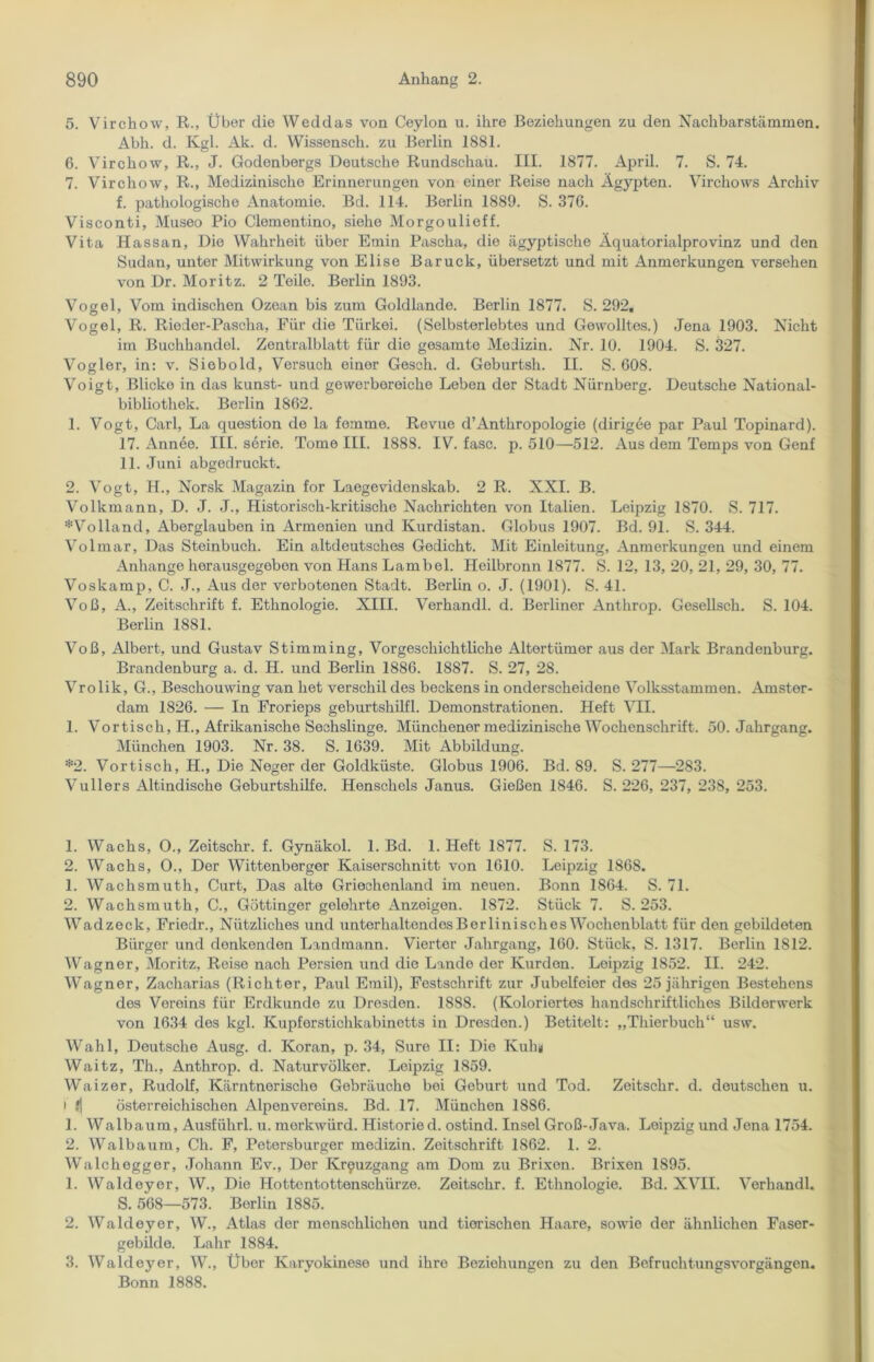 5. Virchow, R., Über die Weddas von Ceylon u. ihre Beziehungen zu den Naclibarstcämmen. Abh. d. Kgl. Ak. d. Wissensch. zu Berlin 1881. 6. Virchow, R., J. Godenbergs Deutsche Rundschau. III. 1877. April. 7. S. 74. 7. Virchow, R., Medizinische Erinnerungen von einer Reise nach Ägypten. Virchows Archiv f. pathologische Anatomie. Bd. 114. Berlin 1889. S. 376. Visconti, Museo Pio Clomentino, siehe Morgoulieff. Vita Hassan, Die Wahrheit über Emin Pascha, die ägyptische Äquatorialprovinz und den Sudan, unter Mitwirkung von Elise Baruck, übersetzt und mit Anmerkungen versehen von Dr. Moritz. 2 Teile. Berlin 1893. Vogel, Vom indischen Ozean bis zum Goldlande. Berlin 1877. S. 292. Vogel, R. Rieder-Pascha, Für die Türkei. (Selbsterlebtes und Gewolltes.) Jena 1903. Nicht im Buchhandel. Zentralblatt für die gesamte Medizin. Nr. 10. 1904. S. 327. Vogler, in: v. Siobold, Versuch einer Gesch. d. Geburtsh. II. S. 608. Voigt, Blicke in das kunst- und gewerboroiche Leben der Stadt Nürnberg. Deutsche National- bibliothek. Berlin 1862. 1. Vogt, Carl, La question de la femme. Revue d’Anthropologie (dirigee par Paul Topinard). 17. Annee. III. Serie. Tome III. 1888. IV. fase. p. 510—512. Aus dem Ternps von Genf 11. Juni abgedruckt. 2. Vogt, H., Norsk Magazin for Laegevidenskab. 2 R. XXI. B. Volkmann, D. J. J., Historisch-kritische Nachrichten von Italien. Leipzig 1870. S. 717. *Volland, Aberglauben in Armenien und Kurdistan. Globus 1907. Bd. 91. S. 344. Volmar, Das Steinbuch. Ein altdeutsches Gedicht. Mit Einleitung, Anmerkungen und einem Anhänge herausgegeben von Hans Lambel. Heilbronn 1877. S. 12, 13, 20, 21, 29, 30, 77. Voskamp, C. J., Aus der verbotenen Stadt. Berlin o. J. (1901). S. 41. Voß, A., Zeitschrift f. Ethnologie. XIII. Verhandl. d. Berliner Anthrop. Gesellsch. S. 104. Berlin 1881. Voß, Albert, und Gustav Stimming, Vorgeschichtliche Altertümer aus der Mark Brandenburg. Brandenburg a. d. H. und Berlin 1886. 1887. S. 27, 28. Vrolik, G., Beschouwing van het verschil des beckens in onderscheidene Volksstammen. Amster- dam 1826. — In Frorieps geburtshilfl. Demonstrationen. Heft VII. 1. Vor tisch, IJ., Afrikanische Sechslinge. Münchener medizinische Wochenschrift. 50. Jahrgang. München 1903. Nr. 38. S. 1639. Mit Abbildung. *2. Vortisch, H., Die Neger der Goldküste. Globus 1906. Bd. 89. S. 277—283. Vullers Altindische Geburtshilfe. Henschels Janus. Gießen 1846. S. 226, 237, 238, 253. 1. Wachs, O., Zeitschr. f. Gynäkol. 1. Bd. 1. Heft 1877. S. 173. 2. Wachs, O., Der Wittenberger Kaiserschnitt von 1610. Leipzig 1868. 1. Wachsmuth, Curt, Das alte Griechenland im neuen. Bonn 1864. S. 71. 2. Wachsmuth, C., Göttinger gelehrte Anzeigen. 1872. Stück 7. S. 253. Wadzeck, Friedr., Nützliches und unterhaltendes Berlinisches Wochenblatt für den gebildeten Bürger und denkenden Landmann. Vierter Jahrgang, 160. Stück, S. 1317. Berlin 1812. Wagner, Moritz, Reise nach Persien und die Lande der Kurden. Loipzig 1852. II. 242. Wagner, Zacharias (Richter, Paul Emil), Festschrift zur Jubelfeier des 25 jährigen Bestehens des Veroins für Erdkundo zu Dresden. 1888. (Koloriertes handschriftliches Bilderwerk von 1634 des kgl. Kupforstichkabinetts in Dresden.) Betitelt: „Thierbuch“ usw. Wahl, Deutsche Ausg. d. Koran, p. 34, Sure II: Die Kuh« Waitz, Th., Anthrop. d. Naturvölker. Leipzig 1859. Waizer, Rudolf, Kärntnerische Gebräuche boi Geburt und Tod. Zeitschr. d. deutschen u. t österreichischen Alpenvereins. Bd. 17. München 1886. 1. Walbaum, Ausführl. u. morkwürd. Historied. ostind. Insel Groß-Java. Leipzig und Jona 1754. 2. Walbaum, Ch. F, Petersburger medizin. Zeitschrift 1862. 1. 2. Walchegger, Johann Ev., Der Kr9uzgang am Dom zu Brisen. Brisen 1895. 1. Waldeyer, W., Die Hottentottenschürze. Zeitschr. f. Ethnologie. Bd. XVII. Verhandl. S. 568—573. Berlin 1885. 2. Waldeyer, W., Atlas der menschlichen und tierischen Haare, sowie der ähnlichen Faser- gebildo. Lahr 1884. 3. Waldeyer, W., Über Karyokinese und ihre Beziehungen zu den Befruchtungsvorgängen. Bonn 1888.