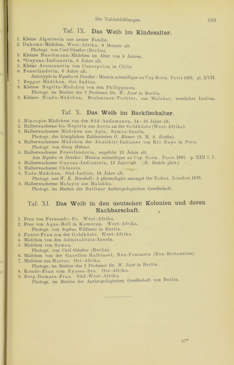 Taf. IX. Das Weib im Kindesalter. 1. Kleine Algerierin aus armer Familie. 2. Dahome-Mädchen, West-Afrika, 8 Monate alt. Photogr. von Carl Günther (Berlin). 3. Kleines Buschmann-Mädchen im Alter von 8 Jahren. 4. *Guyana-Indianerin, 6 Jahre alt. 5. Kleine Araucanerin von Concepcion in Chile. 6. Feuerländerin, 6 Jahre alt. Autotypie in Hyades et Deniker: Mission scientifique au Cap Horn. Paris 1891. pl. XVII. 7. Beggar-Mädchen, Ost-Indien. 8. Kleines Negrita-Mädchen von den Philippinen. Photogr. im Besitze des f Professor Dr. W. Joest in Berlin. 9. Kleines Hindu-Mädchen, Brahminen-Tochter, aus Malabar, westliches Indien. Taf. X. Das Weib im Backfischalter. 1. Mincopie-Mädchen von den Süd-Andamanen, 14—16 Jahre alt. 2. Halberwachsene Ga-Negerin aus Accra an der Goldküste (West-Afrika). 3. Halberwachsenes Mädchen aus Apia, Samoa-Inseln. Photogr. des königlichen Zahlmeisters G. Riemer (S. M. S. Hertlia). 4. Halberwachsenes Mädchen der Ahuishiri-Indianer von Rio Napo in Peru. Photogr. von Georg Hübner. 5. Halberwachsene Feuerländerin, ungefähr 13 Jahre alt. Aus Hyades et Deniker: Mission scientifique au Cap Horn. Paris 1891. p. XIII f. 1. 6. Halberwachsene Guyana-Indianerin, 13 Jahie alt. [31. Bartels phot.) 7. Halberwachsene Chinesin. 8. Toda-Mädchen, Süd-Indien, 14 Jahre alt. Photogr. aus W. E. Marshall: A plirenologist amongst the Todas. London 1876. 9. Halberwachsene Malayin aus Malakka. Photogr. im Besitze der Berliner Anthropologischen Gesellschaft. Taf. XI. Das Weib in den deutscher; Kolonien und deren Nachbarschaft. ,, 1. Frau von Fernando-Po. West-Afrika. 2. Frau von Aqua-Bell in Kamerun. West-Afrika. Photogr. von Sophies Williams in Berlin. 3. Fante-Frau von der Goldküste. West-Afrika. 4. Mädchen von den Admiralitäts-Inseln. 5. Mädchen von Samoa. Photogr. von Carl Günther (Berlin). . 6. Mädchen von der Gazellen-Halbinsel, Neu-Pommern (Neu-Britanmen). 7. Mädchen aus Harrar. Ost-Afrika. Photogr. im Besitze des f Professor Dr. W. Joest in Berlin. 8. Konde-Frau vom Nyassa-See. Ost-Afrika. 9. Berg-Damara-Frau. Süd-West-Afrika. Photogr. im Besitze der Anthropologischen Gesellschaft von Berlin.