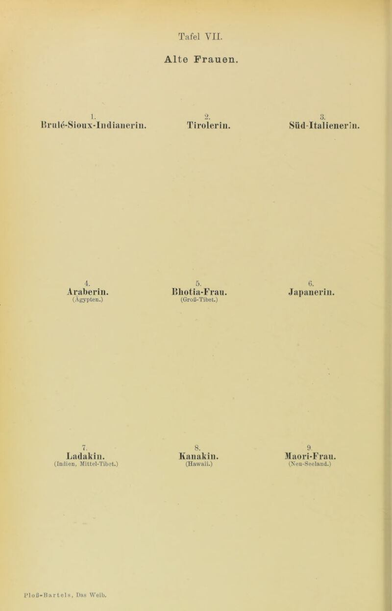 Alte Frauen. l. Brule-Sioux-Indianerin. 2, Tirolerin. 3. Süd-Italienerin. 4. Araberin. (Ägypten.) 5. Bhotia-Frau. (Groß-Tibet.) 6. Japanerin. 7. Ladakin. (Indien, Mittel-Tibet.) 8. Kanakin. (Hawaii.) 9. Maori-Frau. (Nen-Seeland.)