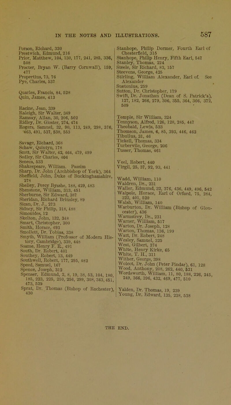 Porson, Richard, 330 Prestwicb, Edmund, 216 Prior, Matthew, 104, 130, 177, 241, 28B, 336, 508 Procter, Bryan W. (Barry Cornwall), 159, 477 Propertius, 73, 76 Pye, Charles, 537 Quarles, Francis, 84, 528 Quin, James, 413 Racine, Jean, 339 Raleigh, Sir Walter, 349 Ramsay, Allan, 30, 206, 502 Ridley, Dr. Gloster, 274, 474 Rogers, Samuel, 32, 90, 113, 249, 298, 376, •463, 491, 537, 538, 553 Savage, Richard, 368 Schaw, Quintyn, 178 Scott, Sir Walter, 42, 464, 479, 499 Sedley, Sir Charles, 406 Seneca, 533 Shakespeare, William. Passim Sharp, Ur. John (Archbishop of York), 364 SbeBicld, John, Duke of Buckinghamshire, 278 Shelley, Percy Bysshe, 188, 429,483 Shenstone, AVilliam, 313, 451 Sherburne, Sir Edward. 387 Sheridan, Richard Brinsley, 89 Sican, Dr. J., 273 Sidney, Sir Philip, 218, 488 Simonides, 12 Skelton, John, 132, 348 Smart, Christopher, 300 Smith, Horace, 493 Smollett, Dr. Tobias, 338 Smyth, William (Professor of Modem His- tory, Cambridge, 339, 448 Soome, Henry F. R., 491 ■South, Dr. Robert, 401 Southey, Robert, 13, 449 Southwell, Robert, 177, 295, 482 Speed, Samuel, 167 Spence, Joseph, 312 Spenser, Edmund, 2, 8, 19, 38, 53, 104, 180 185, 223, 225, 250, 256, 299, 308, 343, 451, 473, 529 Sprat, Dr. Thomas (Bishop of Rochester!, 430 Stanhope, Philip Dormer, Fourth Earl of Chesterfield, 315 Stanhope, Philip Henry, Fifth Earl, 547 Stanley, Thomas, 224 Steele, Sir Richard, 83, 157 Steevens, George, 425 Stirling, William Alexander, Earl of. See Alexander Suetonius, 259 Sutton, Dr. Christopher, 179 Swift, Dr. Jonathan (Dean of S. Patrick’s), 127, 182, 266, 279, 306, 355, 364, 366, 372, 509 Temple, Sir William, 324 Tennyson, Alfred, 126, 128, 285, 447 Theobald, Lewis, 533 Thomson, James, 6, 85, 393, 446, 462 Tibullus, 31, 46 TickeU, Thomas, 334 Turbervile, George, 206 Tusser, Thomas, 461 Veel, Robert, 440 Virgil, 25, 37, 92, 93, 441 Wadd, William, 110 Waldren, Dr., 231 AValler, Edmund. 32, 376, 436, 449, 496, 542 Walpole, Horace, Earl of Orford, 75, 284, 322, 401, 520 Walsh, AVllliam, 140 Warburton, Dr. William (Bishop of Glou- cester), 436 AVarmstrey, Dr., 231 Warner, AVilllam, 617 Warton, Dr. Joseph, 128 Warton, Thomas, 136, 199 Watt, Dr. Robert, 248 AVesley, Samuel, 325 AVest, Gilbert, 374 AVhlte, Henry Klrke, 65 AVhite, T. H., 311 AVither, George, 398 AVolcot, Dr. John (Peter Pindar), 61, 128 AVood, Anthony, 208, 262, 440, 621 AVordsworth, William, 11, 80, 188, 226 245 249, 366, 396, 432, 469, 477, 510 ’ Yalden, Dr. Thomas, 19, 239 Young, Dr. Edward, 135, 238, 538 THE END.