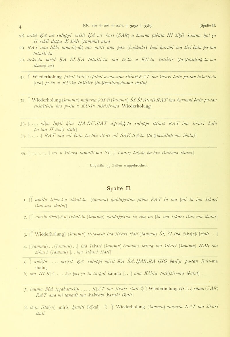 28. viisil KA ml suluppi misil KA m 'i knsi [SAR] n samna täbäta III sikli samna hal-sa II sikli dispa X sikli {sammii) ninä 29. RA T ana libbi tanadi{-di) ina mfisi ana pan {kakkabi) Inzi karäbi ina siri balu pa-tan tiisasti-sH 30. arki-su misil KA SI KA tnsasti-su ina pi-su u KU-su tiistisir (tn-)tnsallah-sii-ma ibalni{-ut) 31. y Wiederholung tabat sädi[-i) tabat a-ma-nim istinis RAT ina sikari baln pa-tan tnsasti-su [ina'] pi-su u KU-su tnstisir {tn-)tusallah-sn-mn ibaliit 32. y Wiederholung nuhnrta lll si {sanunu) SI.Sl istinis RAT ina kurunni baln pa-tan tnsasti-su ina pi-su u KU-sn tustisir-ma Wiederholung 33. . ki]ni lapti kirn HA.RU.BAT dti-ik\k-ta suluppi istinis RAT ina sikari baln pa-tan II nm\i Tsati\ 34. [ ] RAT ina mi balu pa-tan iltati mi SAK.SA-su {tu-)\tusallah-ma ibaliit] 35. [ I mi u sikara tumalli-ma Sl[. .] i-na-is ba[-lu pa-tan isati-ma ibaluf] Ungefähr 35 Zeilen weggebrochen. Spalte II. 1. [y amilu libbi-s\u ikkal-su (sammu) haldappana tabta RAT 111 ina \mi In ina sikari isati-ma ibaluf] 2. [y amilu libbi]-s[u] ikkal-su [sammu) haldappana ln ina mi \ln ina sikari isati-ma ibalnt] 3. fy Wiederholung! [sammu) ti-ia-a-ti ina sikari isati [sammu) SI. SI ina sika[r]i [isati . . .] 4. \[sammii) . . [sammu) . .] ina sikari [sammu) kamuna salma ina sikari [sammu) HAB ina sikari [sammu) [. . ina sikari isati] 5. I ami[lu .... mi]sil KA suluppi misil KA SA.IJAR.RA GIG ba-l[u pa-tan isati-xwA. ibalut] 6. ina III K\A . . . f]u-kas-sa ta-sa-lial .samna j. . .] ana KU-su tust[isir-ma ibalut] 7. inuma MA issabatu-s[u .... R]AT ina sikari isati \ y Wiederholung W/. [. .J suma[SAR) RA T ana mi tanadi ina kakkabi karabi is[ati] 8. is-tu istii[-u) miris himiti ikikalj ^ y Wiederholung [sammu) nuhnrta RA T ina sikari isati