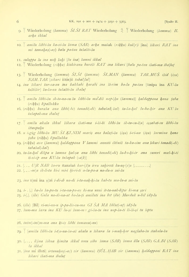 9. y Wiederholung [sammu) SI.SI RAT Wiederholung ^ J Wiederholung [smnmu) IL arka ikkal 10. y auiiln libbi-su ka-si-hi hima (SAR) arka masak [rikku) kuk\r\i [ina] sikari RAT ina ml tama/jas{-as) balu pa-ta>i tasasti-su 11. suluppa In ina näh sahi \ln i)ia] samni ikkal 12. y Wiederholung (i-ikku) kiskirann biiräsi RAT ina sikari [bahi pa-tan isati-ma iba\lut 13. y Wiederholung (sammu) SI.SI (sammu) SI.MAN (sammu) TAR.MUS isid (isii) NAM. TAR \zikari istlnjis tubal[lal] 14. ina sikari tar-sa-an ina kakkabi karäbi ina si-rirn ba-lu pa-tan [sinipa ina KU-su tustisir) su-sa-nu tusasti-sii ibahit 15. y amtlu libbi-hi ik-ta-na-su su libbi-su mddis nap-[hu (sammu)] haldappäna kamt iäba (rikku) blpallukka 16. (rikku) biiräsa ana libbi(-bi) tanadi(-di) tabasal(-sal) ta-sa-/jal lu-ba-hir ana KU-su tasapak-7iia ibalut 17. y amilu akala ikkal sikara isati-ma i-si-bi libbi-su ik-ta-su-sp] issabat-su libbi-hi ittanpahu 18. u i-giig libbi-su MU.SI.KI.NIM maris ana baläti-su (isu) i-ri-na (isu) surm 'uia kana taba (rikku) blpallukka 19. (rikku) äsa (samimt) haldappäna V sammi anmlti istinis ta-ka-sim ana sikari tanadi(-di) tabasal(-sal) 20. ta-sa-hal dispa u samna hal-sa ana libbi tanadi(-di) lu-ba-hi-ir ana zumri mas-ki-ti ti-si-ip ana KU-su tasapak (-a[k)] 21. [. . . U]R NAB sa-ru ftanasas kar-[s\u irru sahiruti ku-us-\s]u [ ] 22. [. . . -m]a ik-li-ta ki-i nii-i hi-ri-ti a-la-pa-a na-dii-u ini-su 23. ina ü[ini ina s]lri t-di-ib na-di i-ta-nak-ki-su kab-tu ma-la-a ini-su 24. i- . [.] ba-la sa-pa-tu i-ta-na-pa-as ki-ma nüni it-ta-nak-b\pir ki-nia giri 25. /-[.]. (////) Gula na-di-na-at ba-la-ti amiluti ina blt (ilu) Marduk u-bil idlf-lu 26. (il//) [RilJ ri-mi-)tu-u ip-pa-lis-su-ma Gl SA MA libluf(-ut) idji-lu 27. sum-ma sani ina KU lu-si sum-m 7 gi-sa-tu ina nap-sa-ti li-si-si tu siptn 28. inin/\-ini]ni-ma ana ki-is libbi tamanu(-nu) 29. y (amilu libbi-hi i-t\a-na-sa-as akala u sikara la i-mah-har naglaba-su itakala-su 30. [. . . . k]ina likna himita ikkal uniu sibu süma (SAR) suma illa (SAR) GA.BI (SAR) lä ikkal 31. [ina ml i'lluti] zrtanalias(-as) zir (sammu) HUL. HAB zir (sammu) lialdappäni RAT ina sikari isati-ma ibalut