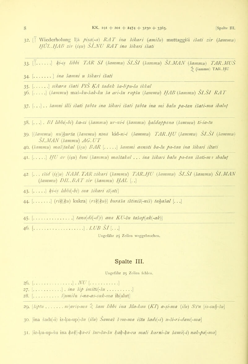 32. [T Wiederhol ung l|a pisa{-a) RAT ina sikari {cwiiln) imittaggisi isati zir (savinni) HÜL.HAB zir (isu) SI.NU RAT ma sikari isati. 33. [J ] ki-is libbi TAR SI (samnm) SI.SI {sa7/na/e) Sl.MAN {sammn) TAR.MUS ^ (sammu) TAR.HU 34. [ ] ina samni u sikari isati 35. [ J sikara isati PIS KA tadäk sa-bipu-/a ikkal 36. [ ] {sanw/u) m:vs-ku-h7k-kn sa ari-su rapsii {sainnui) HAß {sammn) SI.SI RAT 37. [...].. samni Uli isati tabta ina sikari isati tabta ina mi balii pa-tan isati-ma ibalut 38. [. . -1 . BI Iibbi{-bi) ka-si {sanunu) nr-ni-i {sammn) haldappana {sammn) ti-ia-tn 39. \{saimmi) nnViurta {samniii) 7ilnä kid-;^/-/ {sainmn) TAR.HU {sammii) SI.SI {sammn) Sl.MAN (sammn) AG. UT 40. {sammn) mas\takal {isji) BAR [ J sammi annfiti ba-ln pa-tan i)ia sikari iltati 41. [ ] HU ar {isn) bini {sammii) mastakal . . . ina sikari baln pa-tan isati-m-i tbalnt 42. [. . . 2sid (is]n) NAM. TAR zikari {samnuc) TAR.HU {sammn) SI.SI (sammti) Sl.MAN {sammn) DIL.BAT zir {saninni) HAL [. .] 43. [ ] ki-is libbi{-bi) ina sikari ts[ati\ 44. [ ] {rik[kn) kukra] {rik[kn)] bnräsa istinis{-nis) tahasal [. . .] 45. [ .] tana[di{-d]i) aiia KU-sn tasap[ak{-ak)\ 46. [ ].LUB S![...] Ungefähr 25 Zeilen weggebrochen. Spalte III. Ungefähr 25 Zeilen fehlen. 2.6. [ ]-NU[ I 27. [ ] , ina sip imitti[-sn ] 28. [ s]nmi/\.\ i-fia-as-snk-ma ib[alut] 29. \siptn vi\aris-ma \ sam libbi ina Ma-kan {KI) a-si-ma {iln) S'-fn \is-sidMii\ 30. [ina sadi(-i) iz-ka-up]-i//' {iln) Samas Mm-ma istu sadt{-i) n-si-ri-dam\-ma\ 31. [iz-ku-up-.sit ina kak]-ka-ri snr-sn-sn kak-ka-ra mali karni-sn sami{-i) nak-pa[-ma\