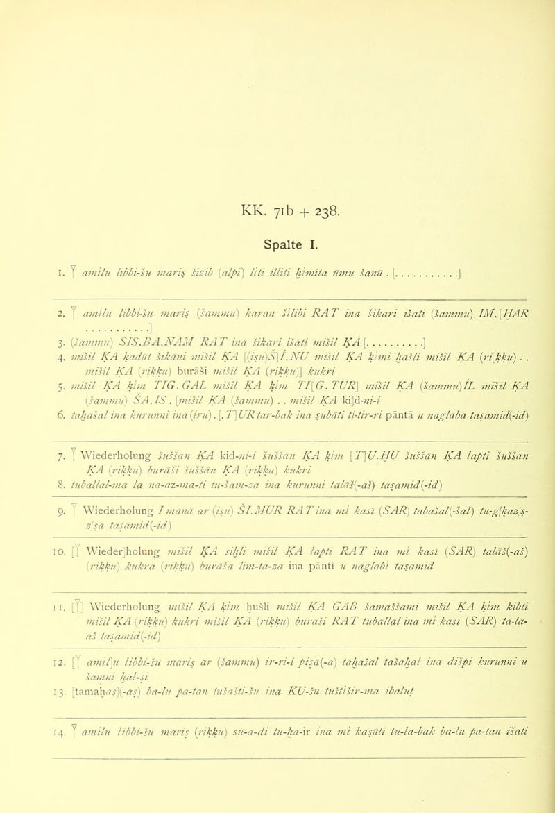 Spalte I, [. y ainilu libbi-su inaris sizib [alpi) hü üliti h'imita 7imu samt . [. 2. T amilu libbi-su maris [sanwui] karan silibi RA T ina sikari ilati [smumti) IM. [HAR ] 3. isamimi) SIS .BA.NAM RAT via sikari isati inisil KA[ ] 4. misil KA kadut sikani misil KA \Pisu']S'\I.NU misil KA kimi hasli inisil KA {i'i[kku) . . inisil KA [rikkn] buräsi inisil KA [rikku]] kukri 5. inisil KA kini TIG. GAL inisil KA kim TI[G. TUR] inisil KA [sainimi)tL misil KA [sam 11111) SA.IS. [inisil KA {saminu) . . misil KA \<\]d-ni-i 6. tahasal ina kiirunni ina (iru). [. 7'] UR tar-bak ina subäti ü-tir-ri päntä u naglaba tasamid{-id) 7. y Wiederholung sussän KA kk\-ni-i sussän KA kim [T]U.HU hissäii KA lapti sussän KA [rikku) buräsi sussän KA [rikku) kukri 8. tuballäl-ma la na-az-ma-ti tu-sam-za ina kurunni taläs[-as) tasamid[-id) 9. ' ^\üederhoIung I inanä ar [isii) SLMUR RAT ina ml kasl [SAR) tabasal[-sal) lu-gjkaz's- s'sa tasaiiiid[-id) IO. [y Wiederdiolung misil KA sihli misil KA lapti RAT ina mi kasl [SAR) taläs[-as) [rikku) Pukra [rikku) buräsa lim-ta-za ina pänti u naglabi tasamid 11. [y] Wiederholung misil KA kim husli misil KA GAB samassami misil KA kim kibti misil KA [rikku) kukri misil KA [rikku) buräsi RA T tuballal ina mi kasl [SAR) ta-la- as iasamid[-id) 12. [y amii\u libbi-su maris ar [sammu) ir-ri-i pisä[-d) tahasal tasahal ina dispi kurunni u samiii hal-si 13. [tamahrt'4](-öj) ba-lu pa-tan iusasti-su ina KU-su tustisir-ma ibalut