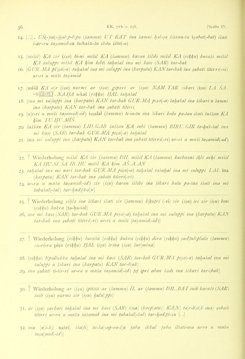 14. [sammu) UT RAT ina samni hal-sa lisänw-su xsabati^-baf) isati i-ar-ru tasainid-su tusYasti-sn is-tu istrii^-ii) 1 5. \i)üsil\ KA zir {Jsii) bi-ni mihi KA [hvnmu') karan silibi mihi KA {j-ikkii) buräsi mihi KA snluppi mihi KA klm kibti tahasal ina mi kasi (SAR) tar-bak 16. \GUR.MA pi\sa(-a) tahasal ina mi snluppi ina [karpatn) KAN tar-bak ina snbäti titirri(-ri) nr-ri n muh tasamid 17. [misil KA d\r (psu) nurmi ar [isu] gipäri ar (isu) NAM.TAR zikari (isu) LA SA. . NA. NA a-kal (rikku) HAL tahasal 18. \ina mi sti\hippi ina (karpatii) KAN tar-bak GUR.MA pisa[-a) tahasal ina sikari u samni ina [karpatii) KAN tar-bak ina subäti titirri 19. [ii\r-ri u müh tasamzd[-id) issalal [sammu) ti-ia-tu ina sikari balu pa-tan tsati sussan KA kirn TU.IjU.MIS 20. sussan KA zir [mmmu) LID. GAB sussan KA inbi [sammu) BIRU.GIR ta-has-sal ina mi kasi [SAR) tar-bak GUR.MA pisa[-a) tahasal 21. ina-mi snluppi ina [karpatii) KAN tar-bak ina subäti titirri[-ri) ur-ri u muh tasamid[-id) '22. y Wiederholung mihi KA zir (sammu) DIL misil KA [sammu) kurbanni ikli arki mihi KA IIU.SI SA IB.llU misil KA kirn AS.A.AN 23. tahasal ina mi näri tar-bak GUR.MA pisa[-a) tahasal tasahal ina mi snluppi LAL ina [karpatii) KAN tar-bak ina subäti titirri[-ri) 24. ur-ra u miisa tasamid[-id) zir [isii) karan silibi ina sikari balu pa-tan tsati ina mi tabasal[-sal) tar-hadjt\t-s[u] 25. y Wiederholung sihla ina sikari isati zir (psammii) kjkiitri (-ri) zir [isu) iri zir [isu) bini [rikkii) kukra [ta-ha-sal] 26. ina mi kasi [SAR) tar-bak GUR.MA pipi[-a) tahasal ina mi snluppi ina [karpatii) KAN tar-bak ina subäti titirri[-ri) ur-ri u muh \tapimid[-id')\ 27. y Wiederholung [rikku) burasa [rikkii) kukra [rikku) dira [rikku) sud\tiib\plala [sammu) zii-ri-ra pisä [rikku) HAL [ipi) irina [isii) sur\inina\ 28. [nkkii) b\palliikka tahasal ina mi kasi [SAR) tar-bak GUR.MA pisa[-a) tahahl ina mi snluppi u sikari ina [karpatii) KAN tar-b\ak\ 29. ina .uibäti ti-tir-ri ur-ra u miisa tasaviid[-id) tit ipri aban sadl ina sikari tar-[bak\ 30. y Wiederholung ar [isu) ipitati ar [sainmii) IL ar [sammu) DIL. BAT inib karäsi [SAR) inib [isu) nurmi zir [isu) hulu[ppi] 31. ar [ipt) sarbati tahasal ina mi kasi [SAR) /[«a] [karp[atii)] KA[N] ta\r-b\a\lc ina\ subäti titirri ur-ra u miTsa tasamid ina mi tabahl[-sal) tar-had\t(t-su [. .] [ii\i-s\i nasri] tasa[mid[-id)'\ isa[ti] tii-sa[-ap-ra-s\u taba ikkal taba iltati-ma urra 11 miisa 32. via