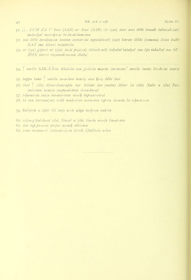 51. . LVM ZA U kasi (SAR) ar kasi (SAR) zir (jsii) htni ana lihbi tanadi tabasal{-sal) ta-sa-hal mar-ha-si tu-sa-at-tani-ma 52. ina libbi tarahas-su samna zuimtr-h{ tapasas(^-as) (isii) karari s'flibi (samimi) lisan kalbi RAT ina Skari tiisahiSi 53. ar {kpi) gipari ar sa-si p/sa{-a) /Rhas{-/ds) tahasal tasahal ina lipl tuballal ina SU. IDIN titirri tasaniid-sn-nia ibalut 54. y anriln SAK.SA-sn ikkal-su ina gi-si-ht marin ini-ta-na- am/ln hiatn kir-bi-%w maris 55. tnppn satin J aniil/i su-a-lam maris ana ki-/s libbi itär 56. ikal y (////) Ashir-bani-aplu sar kissati sar (n/ät//) Ass/lr sa [ihi] Nab// n (il/i) 7'as- \fni\-inm /izna\a ra-pa-as-tn/n is-r/i-kii-ns 57. i-hu-uz-zu lna\a na-/nii--titm ni-s/k tnp-sa/'-rn-zt 58. sa ina sarrani{-ni) a-lik v/ah-ri-ia mam-ma stp-r/i s/i-a-t/i la i-hn-nz-z// 59. bnl-ii-ta n sipir bil imtj ur-ii asipl ta-hi-zu nak-la 60. az\sn-gikal-lu-//t [iln') Nm-ib n [ih/) G/i-la ma-la ba-as-nin 61. via tnp-pa-a-ni as-tnr as-nik abri-ma 62. a-na ta-mar-ti si-ta-as-si\-ia ki-rib i\kalli-ia n-kin