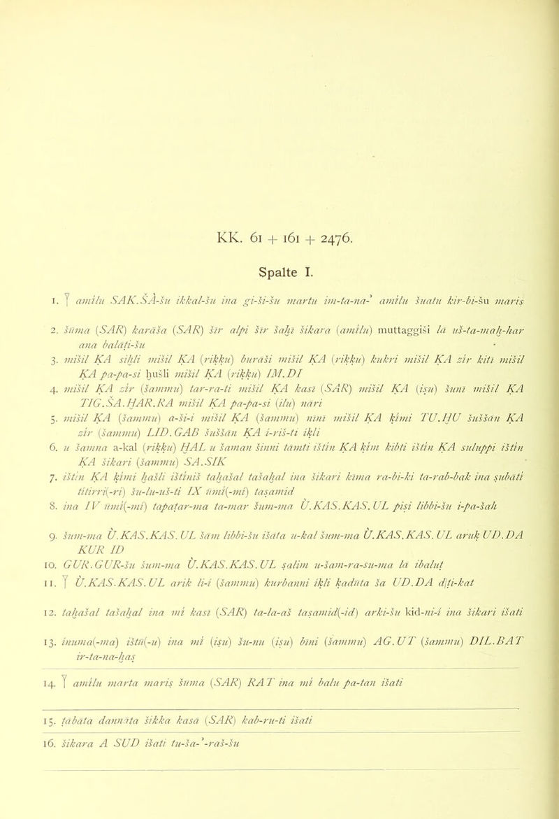 Spalte I. 1. y amilu SAK.SA-su ikkal-su ina gi-si-hi i>iartu iin-ta-na- amtlit suatu kir-bi-&w maris 2. suma [SAR) karäsa (SAR) sfr alpi sfr saht sikara [amilu) muttaggisi lä us-ta-mah-har ana haläti-su 3. misil KA sihli misil KA [rikku) buräsi misil KA [rikkii) kukri misil KA sfr kill misil KA pa-pa-si husli viisil KA [rikku) IM. DI 4. misil KA sir [samnnl) tar-ra-ti misil KA kasi (S'AR) misil KA [isji) sunf miiil KA TIG.SA.HAR.RA misil KA pa-pa-si [ibi) näri 5. misil KA [sammii) a-si-i misil KA [samuui) niui misil KA kimi TU.HU sussän KA sir {samvni) LID. GAB sussän KA i-ris-ti ikli 6. u samna a-kal [rikku) HAL u saman sinni täviti istin KA kirn kihti istin KA suluppi istin KA sikari [samnifi] SA.SIK 7. isbn KA kimi hasli istinis tahasal tasahal ina sikari kfma ra-hi-ki ta-rab-bak ina subäti titirri[-ri) su-lu-us-ti IX ümi[-ini) tasamid 8. ina IV umi[-mi) tapafar-ma ta-mar sum-ma Ü.KAS.KAS.UL pisi libbi-su i-pa-sah 9. sum-via U.KAS.KAS. UL säni libbi-su isäfa 7i-kal sum-ma U.KAS.KAS. UL aruk UD.DA KUR ID 10. GUR.GUR-su sum-ma Ü.KAS.KAS.UL salim u-sam-ra-su-ma lä ibalut 11. y Ü.KAS.KAS.UL arik li-i [samnm) kurbanni ikli kaduta sa UD.DA djü-kat 12. tahasal tasahal ina mi kasi [SAR) ta-la-as tasamid[-id) arki-su kid-;//-/ ina sikari isati 13. inuma[-ma) istn[-u) ina mi [isu) su-nu [isii) bfni [sammii) AG.UT [sammu) DIL.BAT ir-ta-na-has 14. y amilu marta maris suma [SAR) RAT ina mi balu pa-tan isati 15. täbata dannäta sikka kasa [SAR) kab-ru-ti isati 16. sikara A SUD isati tu-sa-^-ras-su