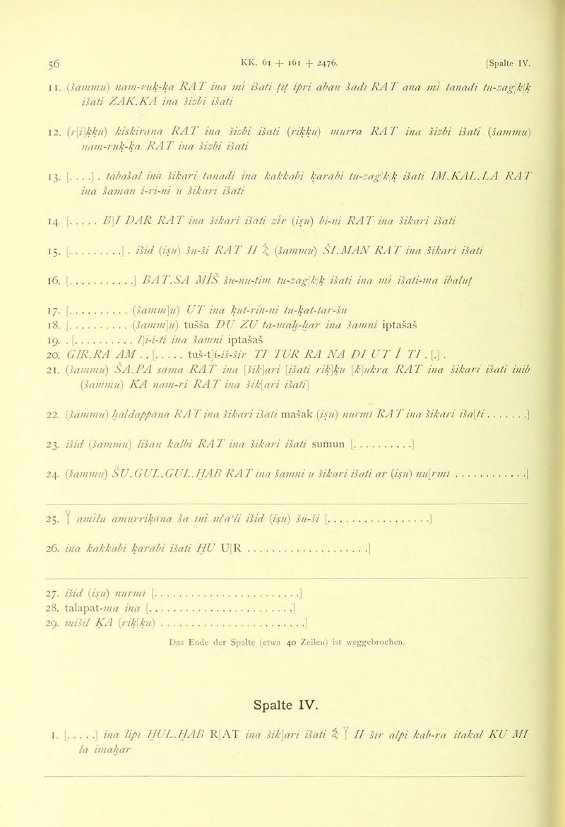 f 56 KK. 61 + 161 -f 2476. [Spalte IV. 11. [saj/imu] nam-ruk-ka RAT via m'i isati tjt ipri aban sadi RAT ana mi tanadi ti/sao-jklk isati ZAK.KA ina sizbi isati 12. {7-[i\kkii) kiskiräua RAT ina sizbi isati {inkkii) murra RAT ina sizbi isati (sammu) nain-rnk-ka RA T ina sizbi isati 13. [....]. tabasal ina sikari tanadi ina kakkabi karäbi tn-zag\k\k isati IM .KAL. LA RAT ina sanian i-ri-ni n sikari isati 14. [ ß]I RAR RAT ina sikari isati zfr (isn) bi-ni RAT ina sikari isati 15. [ ] . isid {isji) sn-si RAT II \ {saniniii) SI.MAN RAT ina sikari isati 16. [ ] BAT.SA MIS sH-nu-tini tu-zag\kik isati ina mi isati-ma ibaliit 17. [ [saninpii) UT ina kut-rin-ni tn-kat-tar-sii 18. [ {sanini\ii) tussa DU ZU ta-mah-har ina sainni iptasas 19. . [ l\i-i-ti ina samni iptasas 20. GIR.RA AM . . [ tus-t]i'-/i-izr TI TUR RA NA DI UT t TI. [.] . 21. {sannnn) SA.PA sävia RAT ina [Pk]ari \isati rik]kn [/c\nkra RAT ina sikari isati inib {sammu) KA nam-ri RA T ina Uk\ari isati] 22. {sammu) haldappana RA T ina sikari isati masak {isii) nurml RA T ina hkari isa\ti ] 23. isid {sammu) lisan kalbi RA T ina sikari isati sumun [ ] 24. {sammu) SU. GUL. GUT. IIAB RA T ina samni u sikari isati ar {isu) nu[rmi ] 25. y amilu amurrikana sa ini vlaLi isid {isu) su-si [ J 26. ina kakkabi karabi isati HU U[R ] 27. isid (isu) nurml \ ] 28. talapat-/;/« ina [ ] 29. misil KA {rdpku) ] Das Ende der Spalte (etwa 40 Zeilen) ist weggebrochen. Spalte IV. I. [ ] ina lipl HUL.IIAB R|AT ina sik]ari isati ^ J II sir alpi kab-ra itakal KU MI la imahar