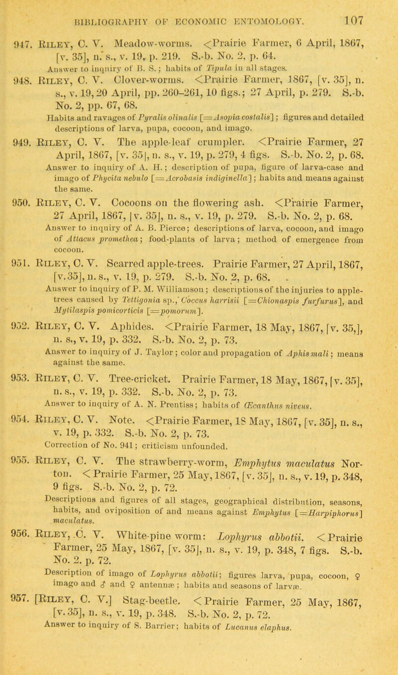 947. Kiley, O. V. Meadovv-woruis. <Prairie Farmer, C April, 1867, [v. 35], 11.'s., V. 19, p. 219. S.-b. No. 2, p. 64. Answer ro inquiry of B. S.; habits of Tipida in all stages. 948. Riley, C. V. Clover-worms. <Prairie Farmer, 1867, [v. .35], n. s., V. 19,20 April, jtp. 260-261,10 figs.; 27 April, p. 279. S.-b. No. 2, pp. 67, 68. Habits and ravages of Pyralis oKnaiis [=Asopia cosialis] ; figures and detailed descriptions of larva, pupa, cocoon, and imago. 949. Riley, C. V. The apple-leaf crumpler. <Prairie Farmer, 27 April, 1867, [v. 351, n. s., v. 19, p. 279, 4 figs. S.-b. No. 2, p. 68. Answer to inquiiy of A. H.; description of pupa, figure of larva-case and imago of Phycita nehido [—Acrobasis indiyineUa]; habits and means against the same. 950. Riley, 0. V. Cocoons on the flowering ash. <Prairie Farmer, 27 April, 1867, |v. 35], n. s., v. 19, p. 279. S.-b. No. 2, p. 68. Answer to inquiry of A. B. Pierce; descriptions of larva, cocoon, and imago of Attacus proviethea; food-plants of larva; method of emergence from cocoon. 951. Riley, C. V. Scarred apple-trees. Prairie Farmer, 27 April, 1867, [v.35], u. s., V. 19, p. 279. S.-b. No. 2, p. 68. Answer to inquiry of P. M. Williamson ; descriptions of the injuries to apple- trees caused by I’ettigonia sp.,' Cbcous harrisii l=Chionaspia furf urns'], and Mytilaspis pomicorticis [=pomont?a]. 952. Riley, C. V. Aphides. <Prairie Farmer, 18 May, 1867, fv. 35,], n. s., V. 19, p. 332. S.-b. No. 2, p. 73. Answer to inquiry of J. Taylor; color and propagation of Aphis mail; means against the same. 953. Riley, C.V. Tree-cricket. Prairie Farmer, 18 May, 1867, [v. 3.5], n. s., V. 19, p. 332. S.-b. No. 2, p. 73. Answer to inquiry of A. N. Prentiss; habits of (Ecanthns nivem. 954. Riley, C. V. Note. <Prairie Farmer, IS May, 1867, [v. 36], n. s., V. 19, p. 332. S.-b. No. 2, p. 73. Correction of No. 941; criticism unfounded. 955. Riley, C. V. The strawberry-worm, Emphytus maculatus Nor- ton. < Prairie Farmer, 25 May, 1867, [v. 35], u. s., v. 19, p. 348, 9 figs. S.-b. No. 2, p. 72. Descriptions and figures of all stages, geographical distribution, seasons, habits, and oviposition of and means against Emphytus l=Harpiphorus] maculatus. 956. Riley, ,C. V. White-pine worm: Lophyrus abhotii. < Prairie Farmer, 25 May, 1867, [v. 35], u. s., v. 19, p. 348, 7 figs. S.-b. No. 2. p. 72. Description of imago of Lophyrus abhotii; figures larva, pupa, cocoon, § imago and ^ and 2 autenniB ; habits and seasons of larvm. 957. [Riley, C. V.] Stag-beetle. < Prairie Farmer, 25 May, 1867, [v. 35], n. s., V. 19, p. 348. S.-b. No. 2, p. 72. Answer to inquiry of S. Barrier; habits of Lucaims elaphus.