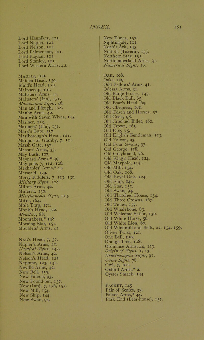 Lord Henniker, 121. ] ord Napier, 121. Lord Nelson, 121. Lord Palmerston, 121. Lord Raglan, 121. Lord Stanley, 121. Lord Western Arms, 42. New Times, 157. Nightingale, 101. Noah’s Ark, 143. Norfolk (Tavern), 153. Northern Star, 131. Northumberland Arms, 31. Numerical Signs, 16. Magpie, ioo. Maiden Head, 139. Maid’s Head, 139. Malt-scoop, 101. Maltsters’Arms, 41. Maltsters’ (Inn), 131. Mammalian Signs, 46. Man and Plough, 138. Manby Arms, 42. Man with Seven Wives, 145. Mariner, 123. Mariners’ (Inn), 131. Mark’s Gate, 157. Marlborough’s Head, 121. Marquis of Granby, 7, 121. Marsh Gate, 157. Masons’ Arms, 33. May Bush, 107. Maynard Arms,* 49. May-pole, 7, 112, 126. Mechanics’ Arms,* 44. Mermaid, 139. Merry Fiddlers, 7, 123, 130. Military Signs, 128. Milton Arms, 42. Minerva, 130. Miscellaneous Signs, 153. Mitre, 164. Mole Trap, 171. Monk’s Plead, 122. Monsters, 88. Moonrakers,* 148. Morning Star, 151. Moulders’ Arms, 41. Nag’s Head, 7, 57* Napier’s Arms, 42. Nautical Signs, 143. Nelson’s Arms, 42. Nelson’s Head, 121. Neptune, 123, 131. Neville Arms, 42. New Bell, 159. New P'alcon, 93. New Found-out, 157. New (Inn), 7, 136, 155. New Mill, 154. New Ship, 144. New Swan, .94. 1 Oak, 108. Oaks, 109. Odd Fellows’Arms, 41. Odessa Arms, 31. Old Barge House, 145. Old Black Bull, 65. Old Boar’s Plead, 69. Old Chequers, 161. Old Coach and Horses, 57. Old Cock, 98. ; Old Crooked Billet, 162. Old Crown, 165. | Old Dog, 75. Old English Gentleman, 123. Old Falcon, 93. Old Four Swans, 97. Old George, 128. Old Greyhound, 76. Old King’s Plead, 124. Old Maypole, 115. Old Mill, 154. : Old Oak, 108. | Old Royal Oak, 124. ! Old Ship, 144. j Old Star, 152. Old Swan, 94. Old Thatched House, 154. Old Three Crowns, 167. Old Times, 157. Old Whalebone, 83. Old Welcome Sailor, 130. Old White Horse, 56. Old White Lion, 60. Old Windmill and Bells, 22, 154, 159. Oliver Twist, 121. One Bell, 159. Orange Tree, 108. Ordnance Arms, 44, 129. Origin of Signs, 1, 13. Ornithological Signs, 91. Ovine Signs, 78. Owl, 7, 101. Oxford Arms,* 2. Oyster Smack, 144. Packet, 145 Pair of Scales, 33. Palace Arms,* 44. Park End (Beer-house), 157.