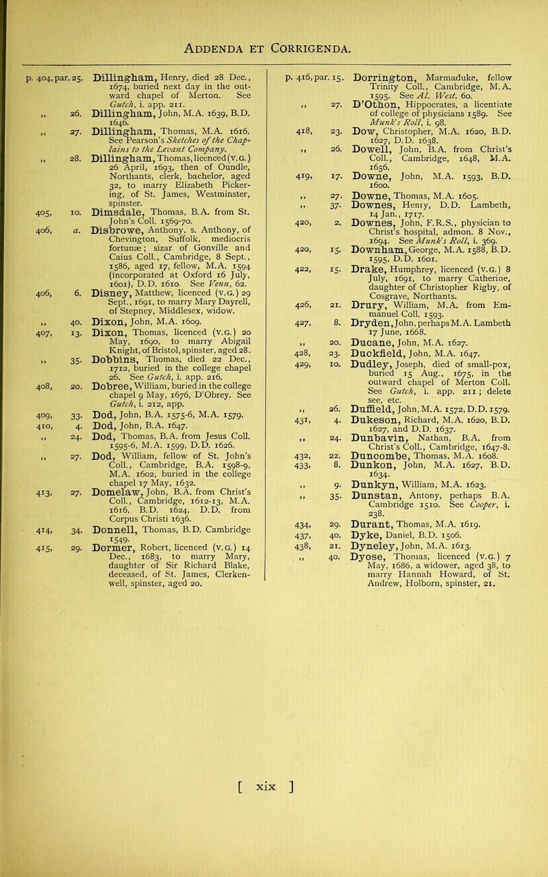 - - 409, 33- Dod, John, B.A. J1575-6, M.A. 3 4. Dod, John, B.A. 1647. 24. Dod, Thomas, B.A. from Jesus Coll. xS9S-6, M.A. 1599, D.D. 1626.  “SSSItS °7- D'D- *“ 34. Donnell, Thomas, B.D. Cambridge - ssaaisffKSst P-“' ■■ - »W9ssKrt: - * 419. 17. Downe, John. M.A. ,593, B.D. 5 37- DowSSjHSlJ^D^.’^Linibtth. ~ * DoiS«^stx” 430, * BoA^TmT^D. ~ * -isssm 427. 8. „ 20. Dueane, John, M.A. 1627. 428, 23. Duckfield, John, M.A. 1647. outward chapel of Merton Coll. See Gutch, i. app. 211 ; delete 26. Duffield John, M.A. 1572, D.D. 1579. ~ ' l. 1620, B.D. 437, 40. Dyke, Dani 438, 2x. Dyneley, J