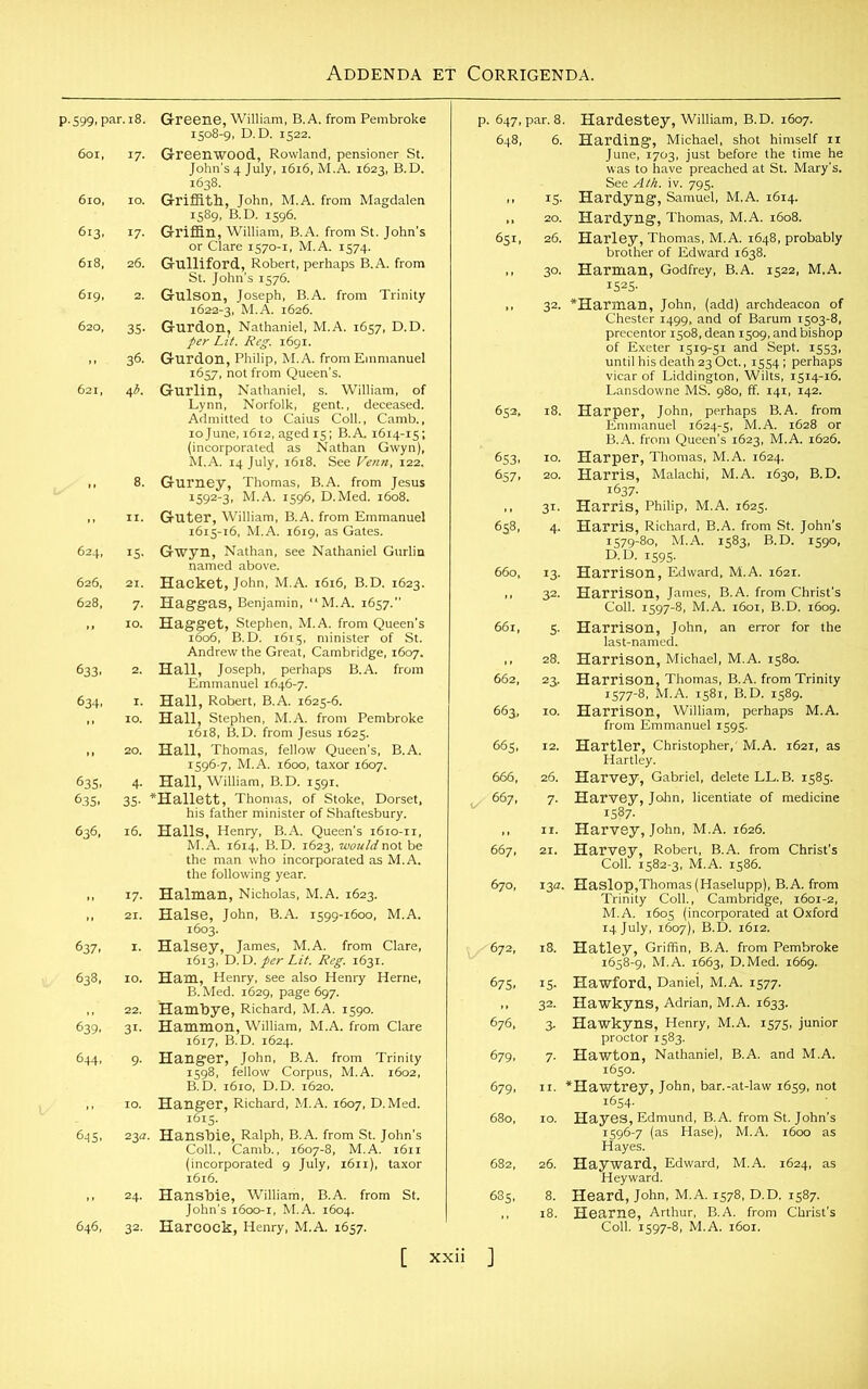 p.KS„»,,8. 80,. ,, >. B.D. 1596. Miam, B.A. from St. John's e 1570-x, M.A. 1574. Gumford, Robert, perhaps B.A. from from Trinity 620, 35. G-urdon, Nathaniel, M.A. 1657, D.D. per Lit. Reg 1691. 62 * I^I58I!S  8- TSJ&StiST , ,, ^ste^roSr^ Hafsf-isfariiis'ss Andrew the Great, Cambridge, 1607. r‘b16'W - H“d.i,g^a?mbroke '■ “ “JiSTi ISw,ST4.aA' 63s. 4. Hall, William, B.D. ,59,. •* 3S'  16 ^aa&jSSS „ 21. Halse, John, B.A. 1599-1600, M.A. 637. I. Halsey, U.AJnm^Chte. 838, ,0. 00. Hamfcye, Richard, M.A. ,590. 839, 3„ Hanimon^iiliam, M.A. from Clare 6w' 9' Hllr:£i's“ffiTATS ,. ro. Hanger, Richard, M.A. ,607. D.Med. ■■ - HTh^rMraA.^fros'- v igSsfests 15. Hardyng, Samuel, M.A. 1614. 651, 26. ’ '“BS-SSis 2=®SS*s5 Lansdowne MS. 980, ff. 141, 142. Ha&S;8,p«aS.A 20. Harris, 1 1637. 31. Harris, Pi am.S £ Richard, B.A. from St. John's £S79-8o, M.A. 1583, B.D. 1590, r3, Harrison,^Edward, M.A. i6cr 3a HaiSS”'%J-fS:^™.ShSS. 3‘ Hah5Sn0«mJ.0h“’ “ *™ * 28. Harrison, Michael, M.A. 1580. 23. Harrison, Thomas, B.A. from Trinity 1577-8, M.A. rS8i, B.D. 1589. 10. Harrison, William, perhaps M.A. “ M.A. ,6*1, as Harvey,J 1587- Harvey, J ~ *^ig$LtyrCM*'■ mm-® 18. Hatley, Griffin, B.A. from Pembroke 1658-9, M.A. 1663, D.Med. 1669. 7. Hawton, 1650. 11. *Hawtrey, 1654. *■ HasS;i.|,M”,d’ M'A ,624, “ 8. Heard, John, M.A. 1578, D.D. 1587. HeS6’.5A9?rMlA.8„fr