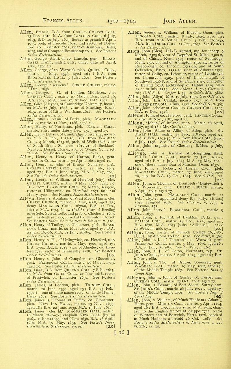 Francis Allen. 1500—1714.