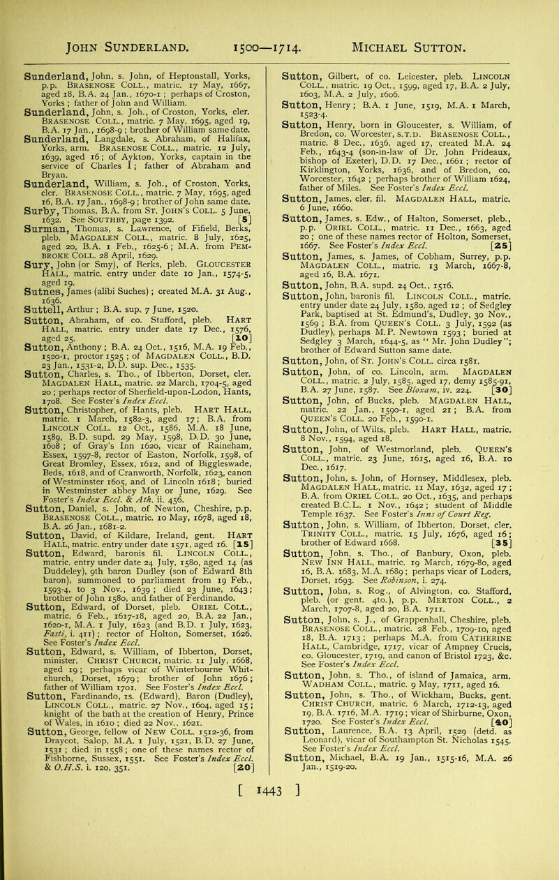 John Sunderland. 1500—1714. Michael Sutton. 'fe&AIWSs Sutnes, fames (alibi Suches); created M.A. 31 Aug., Suttell, Arthur; B. A. sup. 7 June, 1520. ISlSMiS ■■Im£ t of *°LbathTthe creado^o/Henryf Prince George,6fenow‘of New° CoLL^sia-se, from ’■ onVof\e!e2InaBm?s re^of , Sussex, xSSI. See Foster’s /«*, Root. ne, 1519. M.A. 1 March, . . ’of IDr.Cjeohnd Pri'd^aux! SStbiSm?-5 s“t»rfa-a STJelH0“' S“i aged 16, B.A. 1671. Sutton, John, B.A. supd. 24 Oct., 1516. Sutton, John, of St. John’s Coll, circa 1581. Sutton, John, of co. Lincoln, arm. Magdalen '%9i\ SS$“ Sutton, John, of Westmorland, pleb. Queen’s COLL.,matric. 23 June, 1615. aged x6, B.A. xo ‘■wmm’mm Temple 1637. See Foster’s Inns of Court Reg. 3Mt,Z’ AlAfXS: fiS 16, B.A. 1683, M.A. 1689; perhaps vicar of Loders, B.A. 19 Jan., 1515-16, M.A. 26