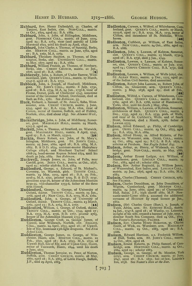 Henry D. Hubbard. 1715—1886. George Hudson. Hubbard, Rev. Henry Dalbedyhll, 3s. Charles, of Tanjore, East Indies, cler. Non-Coll., raatric. 11 Oct., 1879, aged 23 ; B.A. 1882. Hubbard, John, s. John, of Hillingdon, Middlesex, gent. Pembroke Coll., matric. 18 June, 1779, aged 19 ; B.A. 1783, vicar (and patron) of Little Horstead 1823, until his death 29 April, 1835. Hubbard, John Clarke, s. Thomas, of Sunning, Berks, cler. Merton Coll., matric. 22 June, 1762, aged 17; B.A. 1767, M.A. 1769. Hubbard, Theodore Stephen, 5s. Thomas, of Don- nington, Berks, cler. University Coll., matric. 19 May, 1877, aged 19 ; B.A. 1882. Hubbard, William Francis, 4s. Thomas, of Newbury, Berks, cler. Christ Church, matric. 21 Jan., 1876, aged 18 ; B.A. 1880. [5] Hubbersty, John, s. Robert, of Under Barrow, West- moreland, pleb. Queen's Coll., matric. 17 March, 1747-8, aged 18 ; B.A. 1751. Hubbock, John, s. Joseph, of Shadwell, Middlesex, gent. St. John's Coll., matric. 8 July, 1730, aged 18 ; B.A. 1734, M.A. 24 Jan., 1737-8, vicar of Frome, Dorset, preb. of Chichester 1745, sometime master of the Grammar School, Dorchester, died at Bath 20 Feb., 1781. See Robinson, 55. Huck, Richard, s. Samuel, of St. Anne's, Soho, West- minster, arm. Christ Church, matric. 3 June, 1793, aged 19; B.A. 1799, M.A. 1802, vicar of Corton, rector of Gunton, Suffolk, and of Fishley, Norfolk, 1801, died about 1837. See Alumni West., 443- Huckelbridge, John, s. John, of Middlezoy, Somer- set, gent. Magdalen Hall, matric. 24 March, 1717- 8, aged 20. Huckell, John, s. Thomas, of Stratford, co. Warwick, gent. Magdalen Hall, matric. 8 April, 1747, aged 17 ; B.A. 11 March, 1750-1. [10] Huckin, Henry Robert, o.s. John, of St. Mary's, Islington, Middlesex, gent. St. John's Coll., matric. 25 June, i860, aged 18 ; B.A. 1864, M.A. 1867, B. & D.D. 1874, assistant-master Haileybury College 1863-8, and Merchant Taylors' School 1868-74, head-master Repton School 1874, until his death 30 July, 1882. See Robinson. Huckwell, Joseph James, is. John, of Palla, near Cardiff, gent. Jesus Coll., matric. 21 Oct., 1878, aged 19 ; scholar 1878-80, B.A. 1884. Huddesford, George, s. Edward, of St. Michael’s, Coventry, co. Warwick, pleb. Trinity Coll., matric. 24 May, 1713, aged 16; B.A. 23 Feb., 1718- 9, M.A. 1721, proctor 1729, B. & D.D. 1737, president 1731-76, keeper of the Ashmolean Museum 1730-55, vice-chancellor 1733-6, father of the three next named. Huddesford, George, s. George, of University of Oxford, doctor. Trinity Coll., matric. 13 Jan., 1768, aged 18 ; New Coll. B.A. 1779, M.A. 1780. Huddesford, John, s. George, of University of Oxford, doctor. Trinity Coll. , matric. 13 March, 1761, aged 13 ; B.A. 1764, M.A. 1767. (.15] Huddesford, William, s. George, of Oxford, doctor. Trinity Coll., matric. 20 Oct., 1749, aged 17; B.A. 1733, M.A. 1756, B.D. 1767, proctor 1763, keeper of the Ashmolean Museum 1753-72. Huddleston, George Croft, is. George James, of Upwell, near Wisbeach, Norfolk, cler. Balliol Coll., matric. 24 April, 1855, aged 18 ; of Upwell, Isle of Ely, lieutenant 13th light dragoons. See Eton School Lists. Huddleston, George James, is. George, of Win- chester, Hants, arm. Merton Coll., matric. 10 Feb., 1821, aged 18; B.A. 1823, M.A. 1830, of Upwell Hall, Isle of Ely, and of Upton Grey, Hants, rector of Tunworth, Hants, 1844, until his death 7 June, 1877. Huddleston, Thomas Jervoise, is. Peter, of Norton, Suffolk, gent. Christ Church, matric. 28 Mav, i860, aged 18 ; B.A. 1865, of Little Haugh, Suffolk, J.P., died 29 April, 1885. Hudleston, Curwen, s. Wilfred, of Whitehaven, Cum- berland, gent. Queen's Coll., matric. 17 March, 1723-6, aged 17 ; B.A. 1730, M.A. 1733, rector of Clifton, and incumbent of St. Nicholas, White- haven. [20] Hudleston, Cuthbert, 4s. William, of East Indies, arm. New Coll., matric. 14 Oct., 1882, aged 19; B.A. 1886. Hudleston, John, s. Lawson, of Kelston, Somerset, cler. Queen’s Coll., matric. 13 March, 1732-3, aged 18 ; B.A. 1736, died 3 Jan., 1749. Hudleston, Lawson, s. Lawson, of Kelston, Somer- set, cler. Queen’s Coll., matric. 27 July, 1727, aged 14; Corpus Christi Coll. B.A. 1731, died young. Hudleston, Lawson, s. William, of Wells (city), cler. St. Alban Hall, matric. 9 Dec., 1773, aged 30; of the Indian Civil Service, died unmarried. Hudleston, Robert John Lawson, is. Robert John, of Clifton, co. Gloucester, arm. Queen’s Coll., matric. 3 May, 1838, aged 19; died 28 Feb., 1872. [25] Hudleston, Wilfrid, s. Curwen, of Whitehaven, Cum- berland, cler. Queen’s Coll., matric. 26 May, 1762, aged 16 ; B.A. 1766, rector of Handsworth, Yorks, 1801, until his death 3 May, 1829. Hudleston, William, s. Lawson, of Kelston, Somerset, archdeacon of Bath. Queen's Coll., matric. 9 Dec., 1733, aged 19; B.A. 1739, preb. of Wells, and vicar of St. Cuthbert’s, Wells, and of South Brent, Somerset, died 1 March, 1766, father of Lawson 1773. Hudson, Alfred Edmund, 4s. Philip, of Cambridge, gent. Oriel Coll., matric. 19 Oct., 1873, aged 19 ; B.A. 1879, M.A. 1882. Hudson, Alfred Henry, is. Alfred Ricketts, of Per- shore, co. Worcester, arm. Oriel Coll., matric. 23 Oct., 1869, aged 19 ; S.C.L. & B.A. 1872, a solicitor at Pershore. See Rugby School Reg. Hudson, Arthur, 2s. Henry, of Wisbeach, co. Cam- bridge, gent. Non-Coll., matric. 20 May, 1886, aged 25. [30] Hudson, Arthur Ernest Ledgar, o.s. William, of Manchester, gent. Lincoln Coll., matric. 19 Oct., 1883, aged 18 ; scholar 1883. Hudson, Rev. Arthur Reginald, 5s. William James, of Wuzeerabad, East Indies, arm. Lincoln Coll., matric. 29 Jan., 1876, aged 19 ; B.A. 1880, M.A. 1883. Hudson, Charles (Thomas). Christ Church, 1789. See Palmer. Hudson, Charles Donaldson, 2s. John Donaldson, of Wigton, Cumberland, gent. Merton Coll., matric. 14 June, i860, aged 20 ; of Cheswardine Hall, Salop, J.P., high sheriff 1880, M.P. New- castle-under-Lyme 1880-3, assumed the additional surname of Hudson by royal licence 30 Jan., 1862. Hudson, (Sir) Charles Grave (Bart.), s. Joseph, of Tunis, Africa, arm. St. Edmund Hall, matric. 14 Jan., 1747-8, aged 18 ; of Wanlip, co. Leicester, in right of his wife, created a baronet 28 July, 1791, a director South Sea Company, died 24 Oct., 1813. See Foster's Baronetage, PALMER. [35] Hudson, Rev. Charles Henry Bickerton, 3s. Charles Smith, of Wick, co. Worcester, arm. Magdalen Coll., matric. 19 Oct., 1883, aged 22; B.A. 1886. Hudson, Edward Harrison, o.s. Frederick William, of Hull, Yorks, arm. St. John's Coll., matric. 14 Oct., 1871, aged 18. Hudson, Ernest Roberts, 5s. Philip Samuel, of Cam- bridge, arm. Hertford Coll., matric. 14 Oct., 1884, aged 19 ; scholar 1883. Hudson, George, is. George, of St. Maurice, York (city), arm. Christ Church, matric. 11 June, 1847, aged 18; B.A. 1851, bar.-at-law, Lincoln's Inn, 1858. See Foster's Men at the Bar, [ 7°3 ]