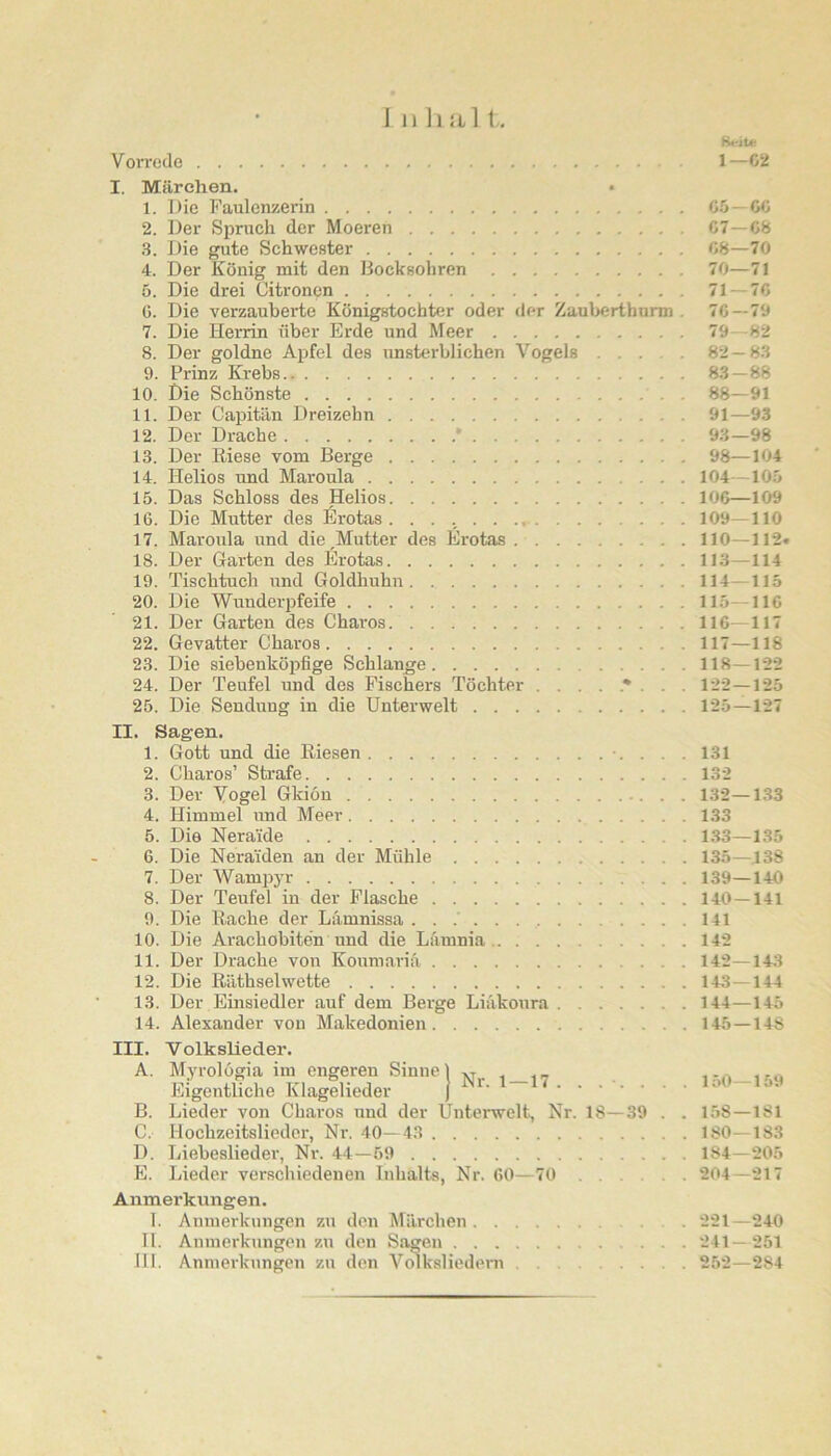 I 11 ll Jil t-. Vorrede I. Märchen. 1. Die Paulenzerin 2. Der Spruch der Moeren 3. Die gute Schwester 4. Der König mit den Bocksohren 5. Die drei Citronen G. Die verzauberte Königstochter oder der Zaul>erthunn , 7. Die Herrin über Erde und Meer 8. Der goldne Apfel des unsterblichen Vogels 9. Prinz Krebs 10. Die Schönste ’ . . 11. Der Capitän Dreizehn 12. Der Drache * 13. Der Kiese vom Berge 14. Helios und Maroula 15. Das Schloss des Helios 16. Die Mutter des Erotas . 17. Maroula und die,Mutter des Erotas 18. Der Garten des Erotas 19. Tischtuch und Goldhuhn 20. Die Wunderpfeife 21. Der Garten des Chai’os 22. Gevatter Charos 23. Die siebenköpfige Schlange 24. Der Teufel und des Fischers Töchter 25. Die Sendung in die Unterwelt II. Sagen. 1. Gott und die Riesen ■. . . . 2. Charos’ Strafe 3. Der Vogel Gkion 4. Himmel und Meer 5. Die Neraide 6. Die Neraiden an der Mühle 7. Der AVampyr 8. Der Teufel in der Flasche 9. Die Rache der Lämnissa . . .' 10. Die Arachobiten und die Lamnia 11. Der Drache von Koumariä 12. Die Räthselwette 13. Der Einsiedler auf dem Berge Liakoura 14. Alexander von Makedonien III. Volkslieder. A. Myrologia im engeren Sinne 1 ^ ... Eigentliche Klagelieder J ^ B. Lieder von Charos und der Unterwelt, Nr. 18—39 . . C. Hochzeitsliedcr, Nr. 40—43 D. Liebeslieder, Nr. 44—59 E. Lieder verschiedenen Inhalts, Nr. 60—70 Anmerkungen. 1. Anmerkungen zu den Märchen 11. Anmerkungen zu den Sagen III. Anmerkungen zu den A^mk.sliedeni Beite 1—62 65-06 67— 68 68— 70 70—71 71 — 76 70 — 79 79 82 82- 83 83- 88 88—91 91—93 93—98 98—104 104-105 106—109 109— 110 110— 112. 113— 114 114— 115 115— 116 116— 117 117— 118 118— 122 122—125 125 — 127 131 132 132— 1,33 133 133— 135 135—138 139— 140 140— 141 141 142 142— 143 143— 144 144— 145 145 — 148 150—159 158 — 181 180—183 184—205 204—217 221 — 240 241- 251 2.52—284
