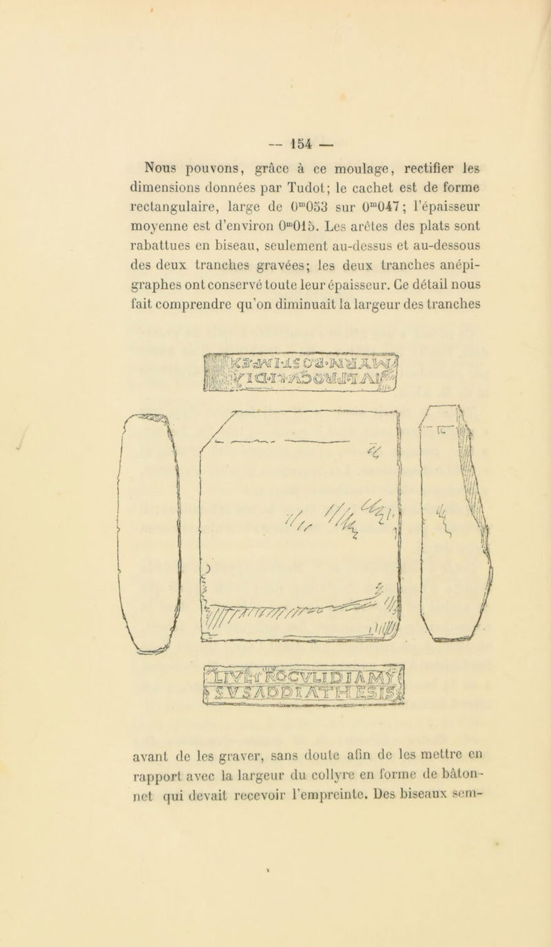 Nous pouvons, grâce à ce moulage, rectifier les dimensions données par Tudot; le cachet est de forme rectangulaire, large de üm053 sur üm047 ; l’épaisseur moyenne est d’environ 0U1015. Les arctes des plats sont rabattues en biseau, seulement au-dessus et au-dessous des deux tranches gravées; les deux tranches anépi- graphes ont conservé toute leur épaisseur. Ce détail nous fait comprendre qu’on diminuait la largeur des tranches avant de les graver, sans doute afin de les mettre en rapport avec la largeur du collyre en forme de bâton- net qui devait recevoir l'empreinte. Des biseaux sem- *