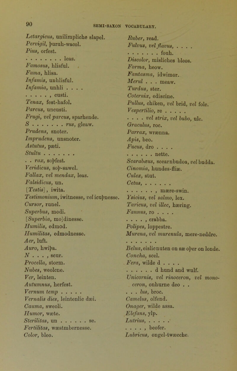 SEMI-SAXON VOCABULARY. Letargicus, unilirapliche slapel. Pervigil, |>uruh-wacol. Pitis, orfest. leas. Famosus, hlisful. Fama, hlisa. Inf amis, un hlisful. Infamia, unhli .... , custi. Tenax, fest-hafol. Parcus, uncusti. Frugi, vel parcus, sparhende. S rus, gleaw. Prudens, snoter. Imprudens, unsnoter. Astutus, pseti. Stultii . . rax, so}>fest. Vcndicus, so);-8a\vel. Fallax, vel mendax, leas. Falsidicus, un. [Testis'], iwita. Testimonium, iwitnesse, t^eficujjnesse. Cursor, runel. Superhus, modi. [Superbia, mojdinesse. Humilis, edmod. Humilitas, edmodnesse. Aer, luft. Auro, hwijja. N ... , scur. Procella, storm. Nuhes, weolcne. Fer, leinten. Autumnus, herfest. 'Vernum temp Vernalis dies, leinteulic do3i. Cauma, sweoli. Humor, wsete. Sterilitas, un se. Fertilitas, wfestmbernesse. Color, bleo. Ruber, read. Fulvus, vel flaws, .... fouh. Discolor, mislicbes bleos. Forma, beow. Fantasma, idwimor. Mend . . . meaw. Turdus, ster. Coternix, ediscine. Pallas, cbiken, vel brid, vel foie. Vespertilio, re . ... vel strix, vel bubo, ule. Gracidus, roc. Parrax, wraenna. Apis, beo. Fucus, dro .... nette. Scarabceus, scearnbudoa, vel budda. Cinomia, bundes-flia3. Calex, stut. Cetus, maere-swin. Ysicius, vel salmo, lex. Taricus, vel illec, haering. Fannus, ro ... . . ... , crabba. Polipes, loppestre. Murena, vel murenula, mere-neddre. i?eZita,eislicnuten on sae o)?er on londe. Concha, seel. Fera, wilde d . . . . d bund and wulf. Unicornis, vel rinoceron, vel mono- ceron, onburne deo . . . . . las, broc. Camelus, olfend. Onager, wilde assa. Elefans, yip. Lutrius, • . . . . , beofer. Lubricus, ongel-twaecche.