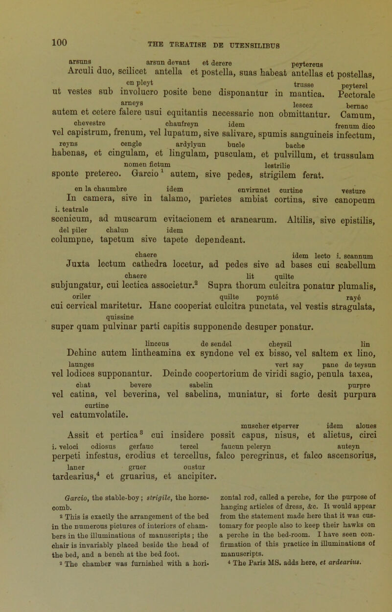 arsuns^ arsun devant et derere peytereus Arculi duo, scilicet antella et postella, suas habeat antellas et postellas, , , , enpleyt trusse peyterel ut vestes sub mvolucro posite bene disponantur in mantica. Pectoralo . . . leecez bemac autem et cetere talere usui equitantis necessarie non obmittantur. Camum, oheveBtre ' ohaufreyn _ idem frenum dioo vel capistrum, frenum, vel lupatum, sive salivare, spumis sanguineis infectum, reyns oengle ardylyun buole bache habenas, et cingulam, et lingulam, pusculam, et pulvillum, et trussulam nomen fiotum lestrilie sponte pretereo. Garcio^ autem, sive pedes, strigilem ferat. en la chaumbre idem envirunet cnrtine vesture In camera, sive in talamo, parietes ambiat cortina, sive canopeum i. teatrale scenicum, ad muscarum evitacionem et aranearum. Altilis, sive epistilis, del piler ohalun idem columpne, tapetum sive tapete dependeant. cbaere idem lecto i. soannum Juxta lectum cathedra locetur, ad pedes sive ad bases cui scabellum cbaere lit quilte subjungatur, cui lectica associetur.^ Supra thorum culcitra ponatur plumalis, oriler quilte poynt6 ray6 cui cervical maritetur. Hanc cooperiat culcitra punctata, vel vestis stragulata, quissine super quam pulvinar parti capitis supponende desuper ponatur. bnceus de sendel cheysil lin Debinc autem lintbeamina ex syndone vel ex bisso, vel saltern ex lino, launges vert say pane de teysun vel lodices supponantur. Deinde coopertorium de viridi sagio, penula taxea, cbat bevere sabelin purpre vel catina, vel beverina, vel sabebna, muniatur, si forte desit purpura ourtine vel catumvolatile. muBoher etperver idem aloues Assit et pertica® cui insidere possit capus, nisus, et alietus, circi i. veloci odiosus gerfauo tercel faucun peleryn auteyn perpeti infestus, erodius et tercellus, falco peregrinus, et falco ascensorius, laner gruer oustur tardearius,^ et gruarius, et ancipiter. Garcio, the stable-boy; strigile, the horse- comb. 2 This is exactly the arrangement of the bed in the numerous pictures of interiors of cham- bers in the illuminations of manuscripts ; the chair is invariably placed beside the head of the bed, and a bench at the bed foot. « The chamber was furnished with a hori- zontal rod, called a perche, for the purpose of hanging articles of dress, &c. It would appear from the statement made here that it was cus- tomary for people also to keep their hawks on a perche in the bed-room. I have seen con- firmation of this practice in filuminations of manuscripts. < The Paris MS. adds here, et ardearius.