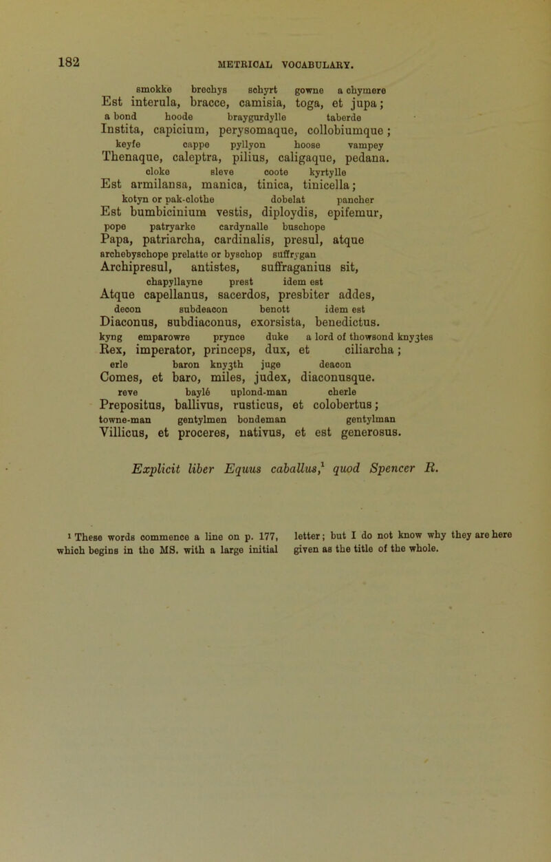 smokke brechys sobyrt gowue a obymere Est interula, bracce, camisia, toga, et jupa; a bond boode braygurdylle taberde Instita, capicium, perysomaque, collobiumque; keyfe oappe pyllyon boose vampey Thenaque, caleptra, pilius, caligaque, pedana. oloke sieve ooote kyrtylle Est armilansa, manica, tinica, tinicella; kotyn or pak-olotbe dobelat panober Est bumbicinium vestis, diploydis, epifemur, pope patryarke cardynalle buscbope Papa, patriarcha, cardinalis, presul, atque arcbebyscbope prelatte or bysobop saSrygan Archipresul, autistes, suffraganius sit, cbapyllayne prest idem est Atque capellanus, sacerdos, presbiter addes, deoon subdeacon benott idem est Diaconus, subdiaconus, exorsista, benedictus. kyng emparowre prynce duke a lord of tbowsond kny3tes Rex, imperator, princeps, dux, et ciliarcba; erle baron kny3tb juge deacon Comes, et baro, miles, judex, diaconusque. reve bayl6 nplond-man cberle Prepositus, ballivus, rusticus, et colobertus; towne-man gentylmen bondeman gentylman Villicus, et proceres, nativus, et est generosus. Explicit liber Equus cdbaUm^ quod Spencer R. * These words commence a line on p. 177, letter; but I do not know wby tbey are here wbicb begins in tbe MS. with a large initial given as the title of the whole.