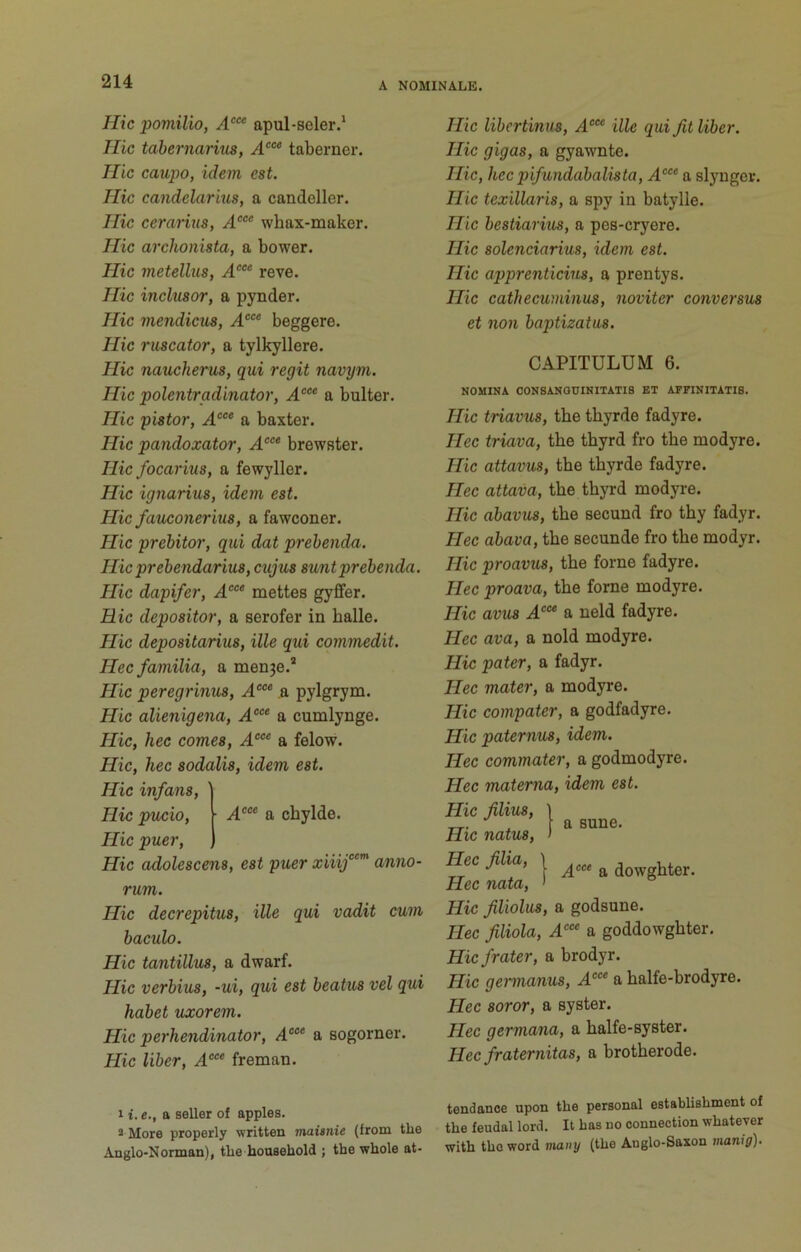 Hie pomilio, apul-seler.* Ilic tahernarius, taberner. Hie eaupo, idem cat. Hie eandelarkis, a candeller. Hie eeranus, A“’ whax-maker. Hie archonista, a bower. Hie vietellus, reve. Hie inelusor, a pynder. Hie mendieibs, beggere. Hie ruseator, a tylkyllere. Hie naueherus, qui regit navym. Hie polentradinator, A°°^ a bulter. Hie pistor, A‘ a baxter. Hie pandoxator, A‘“ brewster. Hie foearius, a fewyller. Hie ignarius, idem eat. Hie faueoneriua, a fawconer. Hie prebitor, qui dat prebenda. Hie prebendariua, eujua aunt prebenda. Hie dapifer, mettes gyCfer. Hie depoaitor, a serofer in halle. Hie depoaitariua, ille qui eommedit. Hee familia, a men3e.® Hie peregrinua, A‘‘‘ a pylgrym. Hie alienigena, A‘“ a cumlynge. Hie, hee eomea, A’’‘ a felow. Hie, hee aodalia, idem eat. Hie inf ana. Hie pueio, ■ a chylde. Hie puer. Hie adoleaeena, eat puer xiiif‘”' anno- rum. Hie deerepitua, ille qui vadit eum baeulo. Hie tantillua, a dwarf. Hie verbiua, -ui, qui eat beatua vel qui habet uxorem. Hie perhendinator, 4®®* a sogorner. Hie liber, A'’“ freman. Hie libertinua, A“^ ille qui fit liber. Hie gigaa, a gyawnte. Hie, hee pifundabaliata, A‘‘‘ a slynger. Hie texillaria, a spy in batylle. Hie beatiariua, a pes-cryere. Hie aoleneiariua, idem eat. Hie apprentieiua, a prentys. Hie eatheeuminua, noviter eonveraua et non baptizatua. CAPITULUM 6. NOMINA CONSANOUINITATI8 ET AFFINITATIS. Hie triavua, the tbyrde fadyre. Hee triava, the thyrd fro the modyre. Hie attavua, the thyrde fadyre. Hee attava, the thyrd modyre. Hie abavua, the secund fro thy fadyr. Hee abava, the secunde fro the modyr. Hie proavua, the forne fadyre. Hee proava, the feme modyre. Hie avua yl®®® a neld fadyre. Hee ava, a nold modyre. Hie pater, a fadyr. Hee mater, a modyre. Hie eompater, a godfadyre. Hie paternua, idem. Hee eommater, a godmodyre. Hee materna, idem eat. a Bune. Hee filia, \ ^ dowghter. Hee nata, ' Hie filiolua, a godsune. Hee filiola, ^®®® a goddowghter. Hie frater, a brodyr. Hie germanua, .4®®* a halfe-brodyre. Hee aoror, a syster. Hee germana, a halfe-syster. Hee fraternitaa, a brotherode. Hie filiua, | Hie natua, ' 11.a seller of apples. 3 More properly written maisnie (from the Anglo-Norman), the household ; the whole at- tendance upon the personal establishment of the feudal lord. It has no connection whatever with the word viany (the Anglo-Saxon manig).