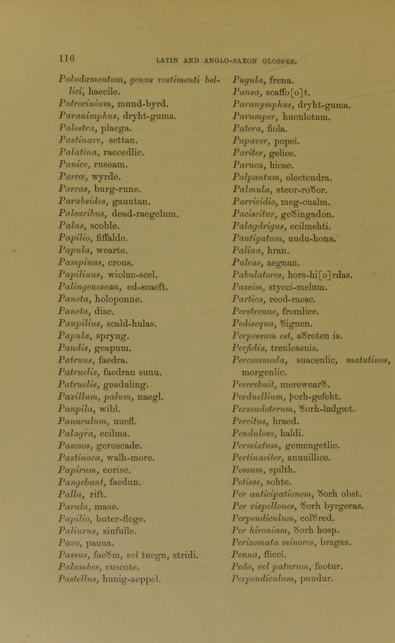 Piiludamcntum, genus vestimenti hel- lici, haecile. Patrocinmm, mund-byrd. Paranimphus, drybt-guma. Palestra, plaega. Pastinare, settan. Palatina, raecedlic. Panice, ruseam. Parcoe, wyrde. Parcas, burg-rune. Parahsides, gauutan. Palearibus, dead-raegelum. Palas, scoble. Papilio, fifialde. Papula, wearte. Pampinus, crous. Papilimis, wioluc-scel. Palingenesean, ed-scaefb. Paneta, holoponne. Paneta, disc. Paupilius, scald-bulas. Papula, spryng. Pandis, geapum. Patmus, faedra. Patruelis, faedran sunu. Patruelis, geaduling. Paxillum, palum, naegl. Panpila, wibl. Panuculum, uuefl. Palagra, ecilma. Pascsos, geroscade. Pastinaca, walb-more. Papirum, eorisc. Pangehant, faedun. Palla, rift. Panda, mase. Papilio, buter-flege. Palnirus, sinfulle. Pavo, pauua. Passus, fae^m, vel tucgn^ stridi. Palumbes, cuscote. Pnstellns, hunig-acppol. Pugula, frena. Pansa, scafifo[o]t. Paranymphus, drybt-guma. Parumper, buonlotum. Patera, fiola. Papaver, popei. Panter, gelice. Paruca, hicae. Palpantum, olectendra. Palmula, steor-ro^or. Parricidio, meg-cualm. Paciscitur, ge^ingadon. Palagdrigus, ecilmehti. Pantigatum, uudu-hona. Palina, bran. Paleae, aegnan. Pabulatores, bors-bi[o]rdas. Passim, stycci-melum. Partica, reod-raesc. Perstrenue, fromlice. Pedisequa, ^ignen. Peipessum est, a^roten is. Perjidia, treuleasnis. Percommoda, suacenlic, matutinos, morgenlic. Percrebidt, merewear^. Perduellium, )?orb-gefebt. Perseudoterum, ^orb-ludgagt. Percitus, braed. Penduloso, baldi. Permixtum, gemengetlic. Pertinaciter, anuuillice. Pessum, spiltb. Petisse, sobte. Pei' anticipationem, ^orb obst. Per vispellones, ^orb byrgeras. Peipendiculum, col'Sred. Per hironiam, '^orb bosp. Perizomata minores, bragas. Penna, flicci. Pedo, vel paturum, feotur. Perpendiculum, jiuudur.