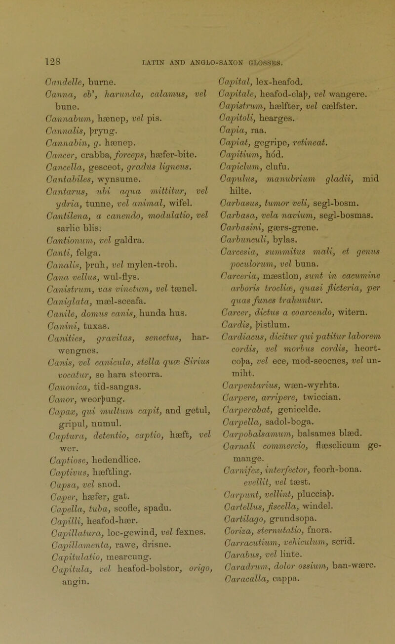 Gnndelle, burne. Ganna, gV, harunda, calamus, vel bune. Gannabum, hfenep, vel pis. Gannalis, ^ryiig. Gannahin, g. lisenep. Gancer, crabba,/orcej>.<?, baefer-bite. Gancella, gesceot, gradus Ugneus, Gantahiles, wynsume. Gantarus, ubi aqua mittitur, vel ydria, tunne, vel animal, wifel. Gantilena, a canendo, modulatio, vel sarlic blis. Gantionum, vel galdra. Ganti, felga. Ganalis, ];rub, vel mylen-trob. Gana velliis, wul-flys. Ganistrum, vas vinetum, vel toenel. Ganiglata, mael-sceafa. Ganile, domus canis, bunda bus. Ganini, tuxas. Ganities, gravitas, senectus, bar- wengnes. Ganis, vel caniculo; stella quce Sirius vocatar, se bara steorra. Ganonica, tid-sangas. Ganor, weor]7ung. Gapax, qui multum capit, and getul, gripul, numul. Gaptura, detentio, captio, baeft, vel wer. Gaptiose, bedendlice. Gaptivus, basftling. Gapsa, vel snod. Gaper, basfer, gat. Gapella, tuba, scofle, spadu. Gapilli, beafod-baer. Gapillahira, loc-gewind, vel fexnes. Gapillamenta, rawe, drisne. Gapitulatio, mearcung. Gapitida, vel beafod-bolstor, origo, angin. Gapital, lex-beafod, Gapitale, beafod-cla]?, vel wangei'c. Gapistrum, baelfter, vel caelfstev. Gaqntoli, bearges. Gapia, raa. Gaqnat, gegripe, retineat. Gapitium, b6d. Gapiclum, clufu. Gapulus, manubrium gladii, mid bilte. Garbasus, tumor veli, segl-bosm. Garbasa, vela navium, segl-bosmas. Garbasini, gasrs-grene. Garbunculi, bylas. Garcesia, summitus mall, et genus poculorum, vel buna. Garcena, maestlon, sunt in cacumine arboris troclice, quasi jlicteria, pes' quas fanes trahuntur. Garcer, dictus a coarcendo, witern. Gardis, J^istlum. Gardiacus, diaitur qui patitur laborem cordis, vel morbus cordis, beort- co]7a, vel ece, mod-seocnes, vel un- mibt. Garpentarius, waen-wyrbta. Garpere, ampere, twiccian. Garperabat, genicelde. Garpella, sadol-boga. Garpobalsamum, balsames bleed. Garnali commercio, flaesclicum ge- mange. Garnifex, interfector, feorb-bona. evellit, vel taest. Garpnnt, vellint, pluccia]?. Gartellus, jiseella, windel. Gartilago, grundsopa. Goriza, stemutatio, fnora. Garracutium, veliiculum, scrid. Garabus, vel liute. Garadrum, dolor ossium, ban-wasre. Garacalla, cappa.