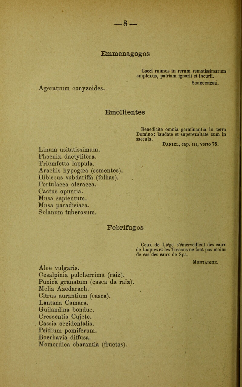 Emmenagogos Goeci ruimus in rerum remotissimarum amplexus, patriam ignarii et incurii. SCHEUCHZEK. Ageratrum conyzoides. Emollientes Benedicite ornnia germinantia in terra Domino: laudate et superexaltate cum in saecula. Daniel, cap. m, Yerso 76. Linum usitatissimum. Phoenix dactylifera. Triumfetta lappula. 7 Arachis hypogoea (sementes). Hibiscus subdariffa (folhas). Portulacea oleracea. Cactus opuntia. Musa sapientum. Musa paradisíaca. Solanum tuberosum. Febrífugos Geux de Liége s’émerveillent des eaux de Luques et les Toscans ne font pas moins de cas des eaux de Spa. Montaigne. Aloe vulgaris. Cesalpinia pulcherrima (raiz). Púnica granatum (casca da raiz). Melia Azedarach. Citrus aurantium (casca). Lantana Camara. Guilandina bonduc. Crescentia Cujete. Cassia occidentalis. Psidium pomiferum. Boerhavia diffusa. Momordica charantia (fructos).