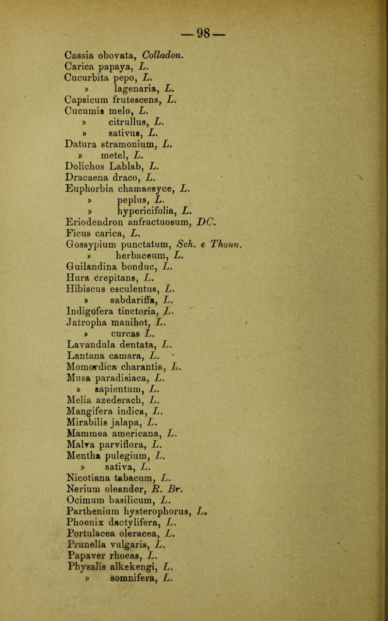 Cassia obovata, Colladon. Carica papaya, L. Cucurbita pepo, L. » lagenaria, L. Capsicum frutescens, L. Cucumis melo, L. » citrullua, L. » sativus, L. Datura stramonium, L. x> metei, L. Dolicbos Lablab, L. Dracaena draco, L. Euphorbia chamaesyce, L. » peplus, L. x> hypericifolia, L. Eriodendron anfractuosum, DC. Ficus carica, L. Gossypium punctatum, Sch. e Thonn. » herbaceum, L. Guilandina bonduc, L. Hura crepitans, L. Hibiscus esculentus, L. d sabdariffa, L. Indigofera tinctoria, L. Jatropha manihot, L. » curcas L. Lavandula dentata, L. Lantana camara, L. Momordica charantia, L. Musa paradiaiaca, L. » sapientum, L. Melia azederach, L. Mangifera indica, L. Mirabilis jalapa, L. Mammea americana, L. Malra parviflora, L. Mentha pulegium, L. » sativa, L. Nicotiana tabacum, L. Nerium oleander, E. Br. Ocimum baailicum, L. Parthenium hysterophorua, L. Phoenix dactylifera, L. Portulacea oleracea, L. Prunella vulgaris, L. Papaver rhoeas, L. Physalis alkekengi, L. )> somnifera, L.