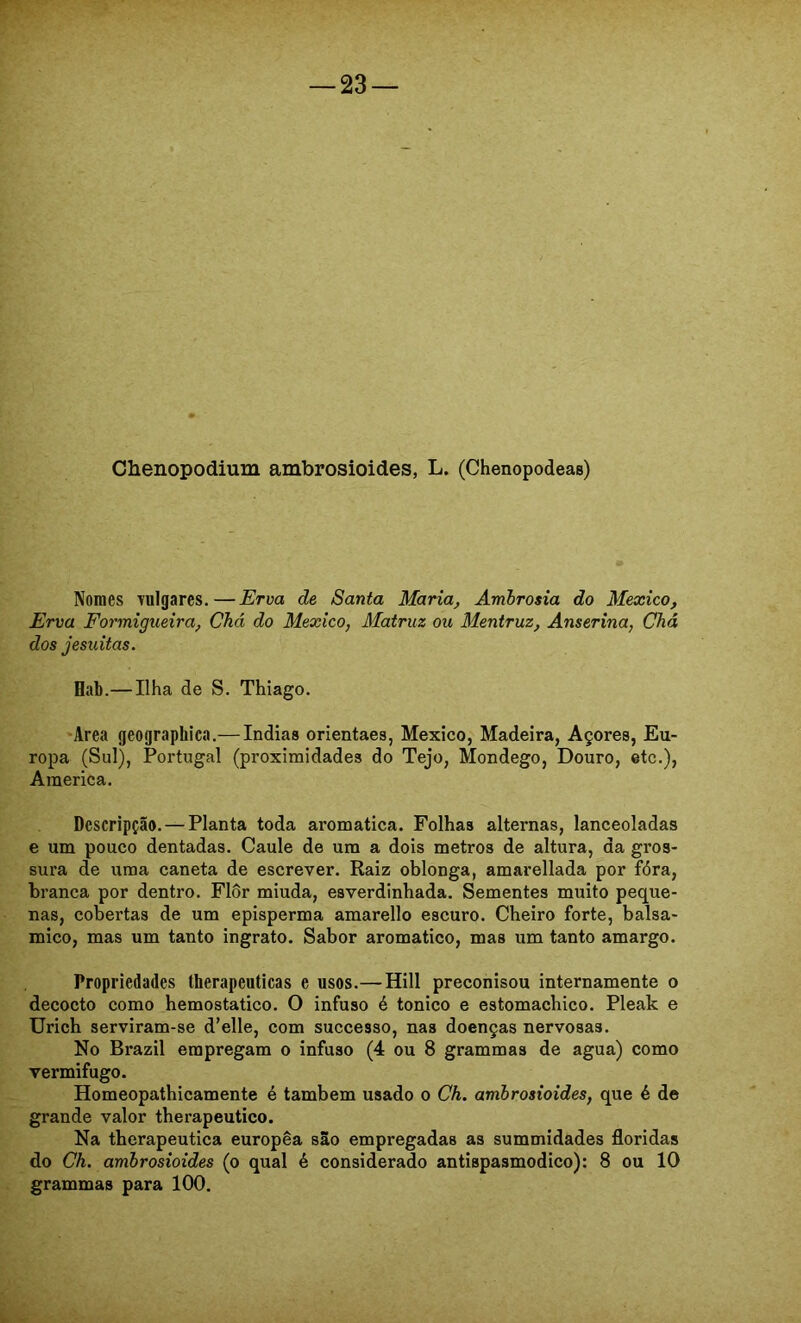 Chenopodium ambrosioides, L. (Chenopodeas) Nomes vulgares.—Erva de Santa Maria, Amhrosia do México, Erva Formigueira, Chá do México, Matruz ou Mentruz, Anserina, Chá dos jesuítas. Hab.—Ilha de S. Thiago. •Area geographica.— índias orientaes, México, Madeira, Açores, Eu- ropa (Sul), Portugal (proximidades do Tejo, Mondego, Douro, etc.), America. Descripção.—Planta toda ai’omatica. Folhas alternas, lanceoladas e um pouco dentadas. Caule de ura a dois metros de altura, da gros- sura de uma caneta de escrever. Raiz oblonga, amarellada por fóra, branca por dentro. Flôr miuda, esverdinhada. Sementes muito peque- nas, cobertas de um episperma amarello escuro. Cheiro forte, balsa- mico, mas um tanto ingrato. Sabor aromatico, mas um tanto amargo. Propriedades therapeuticas e usos.— Hill preconisou internamente o decocto como hemostatico. O infuso é tonico e estomachico. Pleak e ürich serviram-se d’elle, com successo, nas doenças nervosas. No Brazil empregam o infuso (4 ou 8 grammas de agua) como vermifugo. Homeopathicamente é também usado o Ch. ambrosioides, que é de grande valor therapeutico. Na therapeutica europêa são empregadas as summidades floridas do Ch. ambrosioides (o qual é considerado antispasmodico): 8 ou 10 grammas para 100.