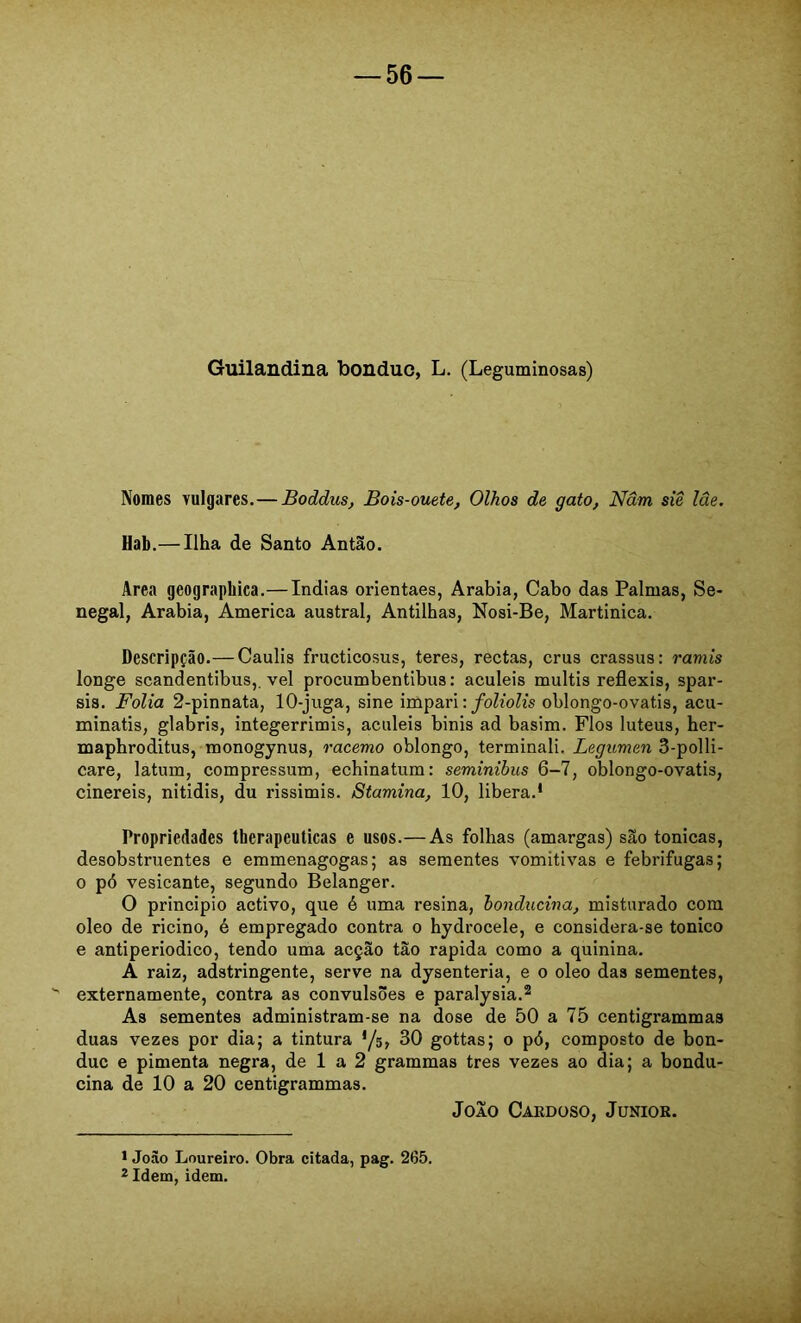 Guilandina bonduc, L. (Leguminosas) Nomes vulgares.—Boddus, Bois-ouete, Olhos de gato, Nâm siê lâe. Hab.—Ilha de Santo Antão. Area geographica.— índias orientaes, Arabia, Cabo das Palmas, Se- negal, Arabia, America austral, Antilhas, Nosi-Be, Martinica. Deseripção.— Caulis fructicosus, teres, rectas, crus crassus: ramis longe scandentibus,. vel procumbentibus: aculeis multis reflexis, spar- sis. Folia 2-pinnata, 10-juga, sine \ foliolis oblongo-ovatis, acu- minatis, glabris, integerrimis, aculeis binis ad basim. Fios luteus, her- maphroditus, monogynus, racemo oblongo, terminali. Legumen 3-polli- care, latum, compressum, echinatum: seminibus 6-7, oblongo-ovatis, cinereis, nitidis, du rissimis. Stamina, 10, libera.* Propriedades therapeuticas e usos.—As folhas (amargas) são tônicas, desobstruentes e emmenagogas; as sementes vomitivas e febrífugas; 0 pó vesicante, segundo Belanger. O principio activo, que é uma resina, honducina, misturado com oleo de rícino, é empregado contra o hydrocele, e considera-se tonico e antiperiodico, tendo uma acção tão rapida como a quinina. A raiz, adstringente, serve na dysenteria, e o oleo das sementes,  externamente, contra as convulsões e paralysia.^ As sementes administram-se na dose de 50 a 75 centigrammas duas vezes por dia; a tintura */s, 30 gottas; o pó, composto de bon- duc e pimenta negra, de 1 a 2 grammas tres vezes ao dia; a bondu- cina de 10 a 20 centigrammas. João Cakdoso, Junior. 1 Joào Loureiro. Obra citada, pag. 265. 2 Idem, idem.