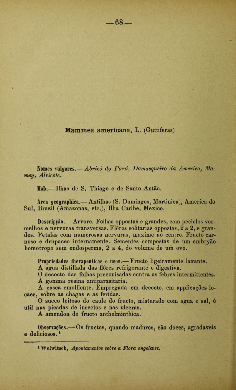 Mammea americana, L. (Guttiferas) IVomes Tnlgares.— Áhricô do Pará, Damasqueiro da America, Ma- me^, Alricote. Hab.— Ilhas de S. Thíago e de Santo Antão. Arca geographica.— Antilhas (S. Domingos, Martinica), America do Sul, Brazil (Amazonas, etc,). Ilha Caribe, México. Descripção. — Arvore. Folhas oppostas e grandes, com peciolos ver- melhos e nervuras transversas. Flores solitárias oppostas, 2 a 2, e gran- des. Pétalas com numerosas nervuras, maxime ao centro. Fructo car- noso e drupaceo internamente. Sementes compostas de um embryão homotropo sem endosperma, 2 a 4, do volume de um ovo. Propriedades therapenticas e usos.— Fructo ligeiramente laxante. A agua distillada das flores refrigerante e digestiva. O decocto das folhas preconisadas contra as febres intermittentes. A gomma resina antiparasitaria. A casca emolliente. Empregada em decocto, em applicações lo- caes, sobre as chagas e as feridas. O sueco leitoso do caule do fructo, misturado com agua e sal, é util nas picadas de insectos e nas ulceras. A amêndoa do fructo anthelminthica. Observações.— Os fruetos, quando maduros, são doces, agradaveis e deliciosos. * * Welwitsch, Apontamentos sobre a Flora angolense.