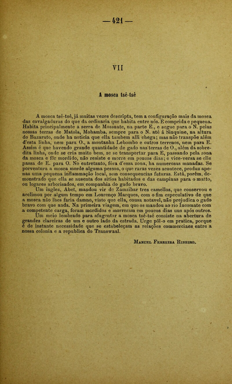 VII A mosca tsè-tsè A mosca tsé-tsé, já muitas vezes descripta, tem a configuração mais da mosca fias cavalgaduras do que da ordinaria que habita entre nós. É comprida e pequena. Habita prineipalmente a serra de Mossuate, na parte E., e segue para o N. pelas nossas terras de Matola, Mohamba, sempre para o N. até á Sinquine, na altura do Bazaruto, onde ha noticia que ella também alli chega; masnào transpõe além d’esta linha, nem para O., a montanha Lebombo e outros terrenos, nem para E. Assim é que havendo grande quantidade de gado nas terras de O., além da sobre- dita linha, onde se cria muito bem, se se transportar para E, passando pela zona da mosca e fôr mordido, não resiste e morre em poucos dias; e vice-versa se elle passa de E. para O. No entretanto, fóra d’essa zona, ha numerosas manadas. Se porventura a mosca morde alguma pessoa, o que raras vezes acontece, produz ape- nas uma pequena infiammaçào local, sem consequências futuras. Está, porém, de- monstrado que ella se ausenta dos sitios habitados e das campinas para o matto, ou logares arborisados, em. companhia do gado bravo. üm inglez, Abet, mandou vir dc Zamzibar tres camellos, que conservou e acelimou por algum tempo em Lourenço Marques, com o fim especulativo de que a mosca nào lhes faria damno, visto que ella, cousa notável, não prejudica o gado bravo com que anda. Na primeira viagem, em que os mandou ao rio Incomate com a competente carga, foram mordidos e morreram em poucos dias uns após outros. Um meio lembrado para afugentar a mosca tsé-tsé consiste na abertoa de grandes clareiras de um e outro lado da estrada. Urge pôl-o em pratica, porque é de instante necessidade que se estabeleçam as relações commerciaes entre a. nossa colonia e a republica do Transwaal. Manuei, Febreiba Bibeibo.