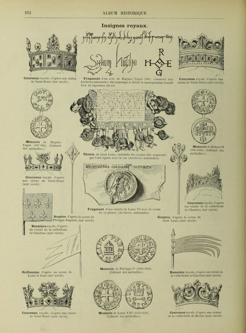 Insignes royaux. Couronne royale, d apres une statue Fragment d’un acte de Hugues Capot (988), conservé aux Couronne royale, d’après une de Saint-Denis (xu* siècle). Archives nationales. On remarque à droite le monogramme tenant statue de Saint-Denis (xmc siècle). lieu de signature du roi. Monnaie de Hugues Capot (987-990). (Cabinet des médailles.) <31 Charte de saint Louis, entourée des sceaux des seigneurs qui l'ont signée avec le roi (Archives nationales). Couronne royale, d’après une statue de Saint-Denis (xiii siècle). Monnaie de Robert II (996-1031). (Cabinet des médailles.) Sceptre, d’après le sceau de Philippe-Auguste (xu siècle) Fragment d’une charte de Louis VI avec le sceau de ce prince (Archives nationales). Sceptre, d’après le sceau do saint Louis (xiil“ siècle). Couronne royale, d'après une statue do la cathédrale de Chartres (xu' siècle). Bannière royale, d’après un vitrail de la cathédrale de Chartres (xni8 siècle). Oriflamme, d'après un sceau do Louis le Gros (xn! siècle). Monnaie de Philippe I' (1060-1 108). (Cabinet des médailles.) Bannière royale, d’après un vitrail do la cathédrale de Chartres (xu° siècle). Couronne royale, d'après une statue de Saint-Denis (xiii8 siècle). Monnaie de Louis VIII (1293-1210). (Cabinet des médailles.) Couronne royale, d’après une statue do la cathédrale de Reims (XIIIe siècle).