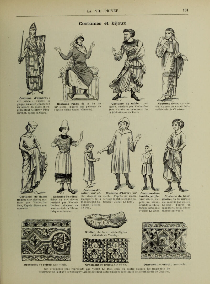 Costume d'apparat ; xn siècle ; d’après la plaque émaillée conservée au Musée du Mans et re- présentant Geoffroy Plan- tagenêt, comte d’Anjou. Costumes Costume riche de la fin du xi siècle, d'après une peinture de l'église Saint-Savin (Mérimée). et bijoux Costume de noble : xu siècle, restitué par Yiollet-Le- Duc, d’après un manuscrit de la Bibliothèque de Tours. cle ; d'après un vitrail de la cathédrale de Chartres. Soulier; fin du xi siècle (Église abbatiale de Yézelay). Costume de dame noble ; xm siècle ; res- titué par Viollet-be- Duc, d'après divers mo- numents. Costume de bour- geoise ; fin du xm siè- cle; restitué par Viollet- Le-Duc, d’après un manuscrit de la Biblio- thèque nationale. Costume de noble; début du xn” siècle; restitué par Viollet- Ije-Duc, d’après un manuscrit de la Biblio- thèque nationale. Costume d'é- colier ; xm” siè- cle; d’après un manuscrit de la Bibliothèque na- tionale (Viollet- I,e-Dnc). Té s’ Costume d’hiver; xn” siècle; d’après un manu- scrit de la Bibliothèque na- tionale (Viollet-Le-I)uc). Costume d'en- fant du peuple: xm siècle ; d’a- près un manu- scrit de la Biblio- thèque nationale (Viollet-Le-Duc). Ornement ou orfroi; xm siècle. Ornement on orfroi ; xii siècle. Ornement ou orfroi ; xm siècle. Ces ornements sont reproduits par Viollot-Le-Duc, celui du centre d’après des fragments de sculptures de l'abbave de Souvigny (Allier), les deux autres d'après des statues de la cathédrale de Chartres.