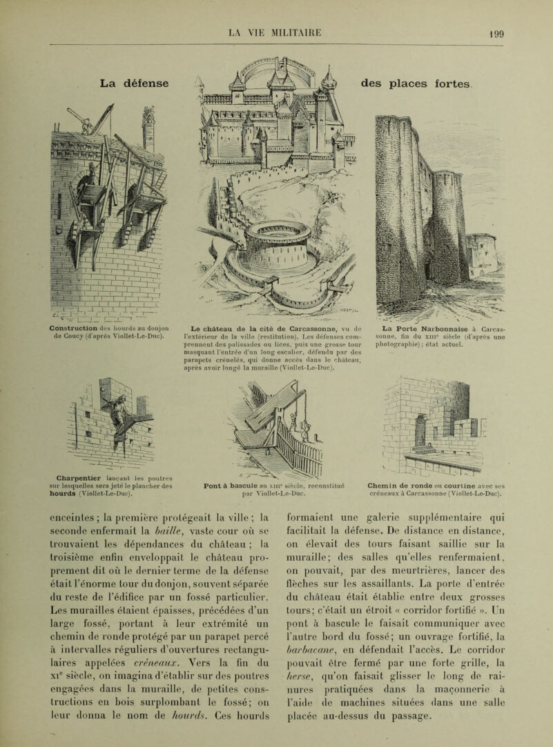 La défense Construction îles hourds au donjon de Coucy (d'après Viollet-Le-Duc). Charpentier lançant les poutres sur lesquelles sera jeté le plancher des hourds (Viollet-Le-Due). Le château de la cité de Carcassonne, vu do l'extérieur de la ville (restitution). Les défenses com- prennent des palissades ou lices, puis une grosse tour masquant l'entrée d’un long escalier, défendu par des parapets crénelés, qui donne accès dans le château, après avoir longé la muraille (Viollet-Le-Duc). Pont à bascule au miic siècle, reconstitué par Viollet-Le-Duc. La Porte Narbonnaise à Carcas- sonne, fin du xin siècle (d'après une photographie) ; état actuel. des places fortes Chemin de ronde ou courtine avec ses créneaux à Carcassonne ( Viollet-Lo-Duc). enceintes; la première protégeait la ville ; la seconde enfermait la baille, vaste cour où se trouvaient les dépendances du château ; la troisième enfin enveloppait le château pro- prement dit où le dernier terme de la défense était l’énorme tour du donjon, souvent séparée du reste de l’édifice par un fossé particulier. Les murailles étaient épaisses, précédées d’un large fossé, portant à leur extrémité un chemin de ronde protégé par un parapet percé à intervalles réguliers d’ouvertures rectangu- laires appelées créneaux. Vers la fin du xi° siècle, on imagina d’établir sur des poutres engagées dans la muraille, de petites cons- tructions en bois surplombant le fossé; on leur donna le nom de hourds. Ces hourds formaient une galerie supplémentaire qui facilitait la défense. De distance en distance, on élevait des tours faisant saillie sur la muraille; des salles qu’elles renfermaient, on pouvait, par des meurtrières, lancer des flèches sur les assaillants. La porte d’entrée du château était établie entre deux grosses tours; c’était un étroit « corridor fortifié ». Un pont à bascule le faisait communiquer avec l’autre bord du fossé; un ouvrage fortifié, la barbacane, en défendait l’accès. Le corridor pouvait être fermé par une forte grille, la herse, qu’on faisait glisser le long de rai- nures pratiquées dans la maçonnerie à l’aide de machines situées dans une salle placée au-dessus du passage.